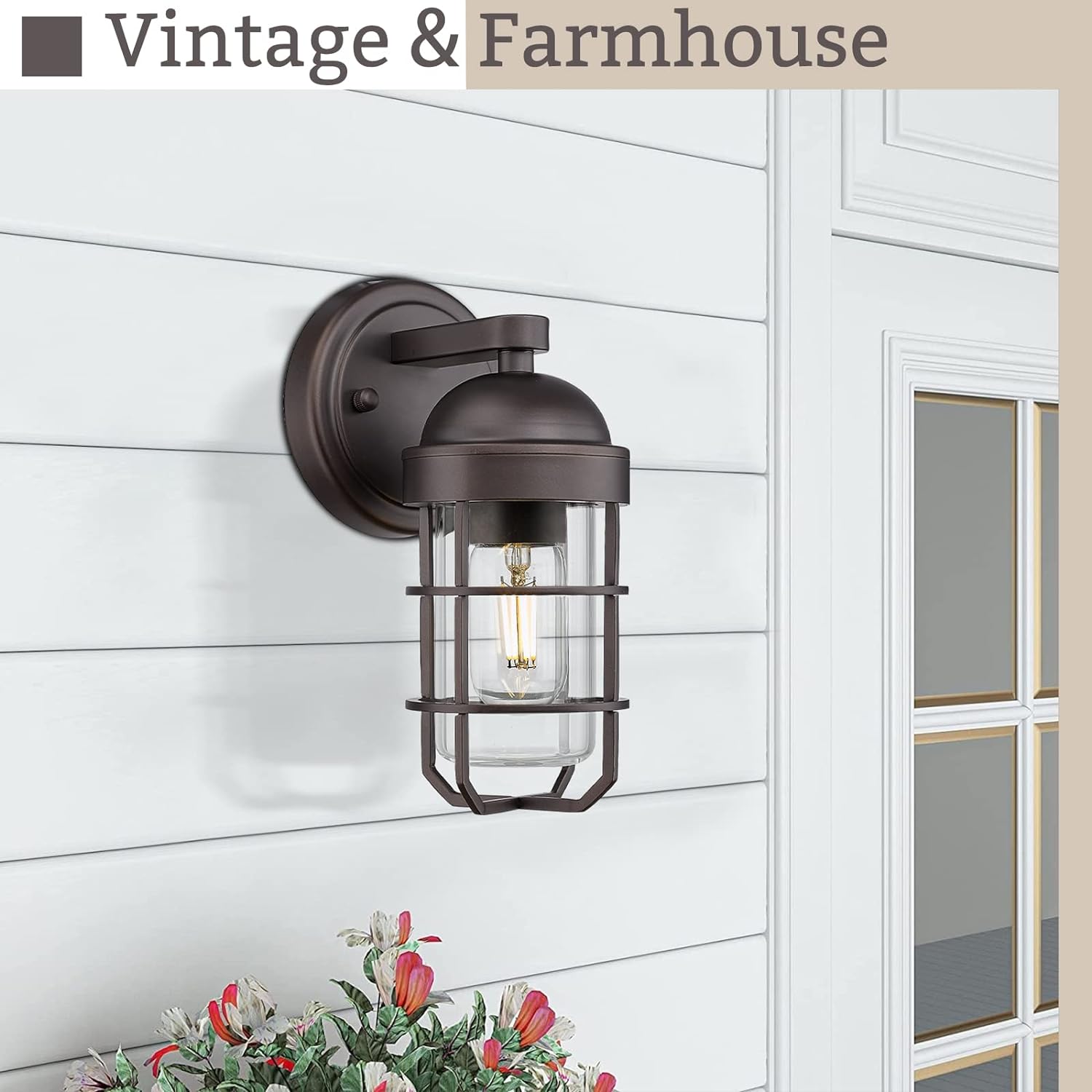 Emliviar Farmhouse Outdoor Wall Sconces, 2 Pack Vintage Exterior Light Fixtures with Nautical Metal Cage and Tempered Glass, Oil Rubbed Bronze Finish, GE255B-2PK ORB