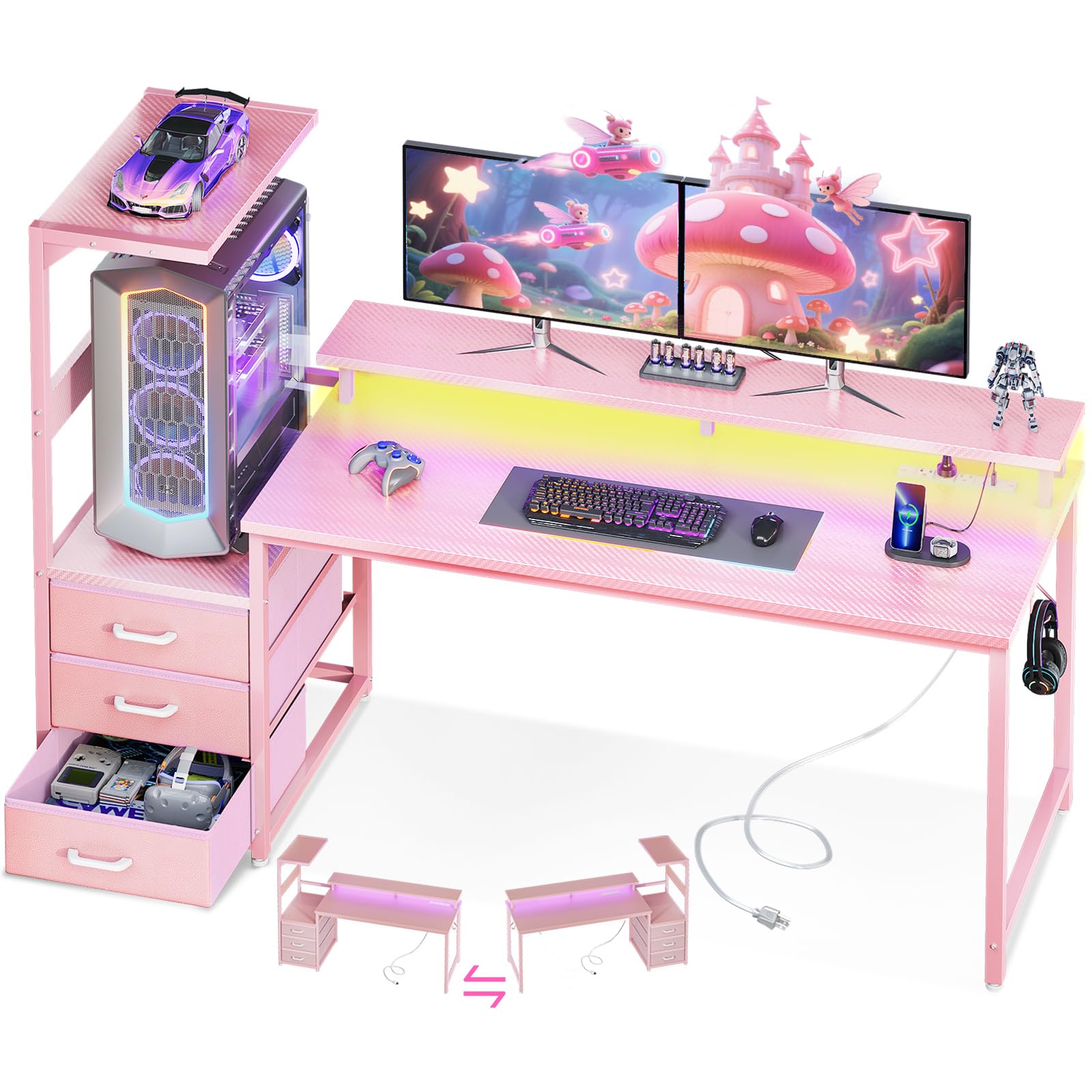 AODK 59 Inch Gaming Desk with USB Charging Ports & LED Light- Reversible Computer Desk with Storage Shelves & Monitor Stand, Modern Gamer Desk Table with Fabric Drawers & Side Hook, Carbon Fiber Black