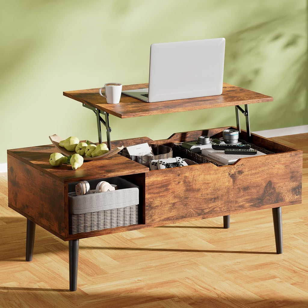 OLIXIS Wood Lift Top Coffee Table with Hidden Compartment and Large Storage Shelf, Lift Tabletop Dining Center Table for Home Living Room Office, Natural Wood