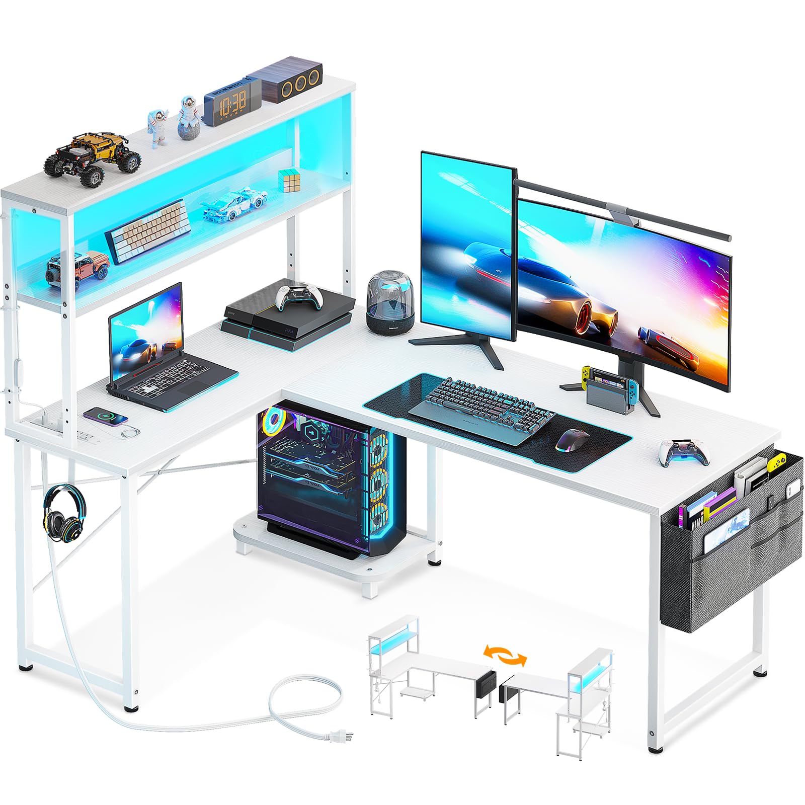 AODK L Shaped Desk Gaming Desk with LED Light & Power Outlet, 53 Inch Reversible L Shaped Computer Table with Shelf & Storage Bag & Hook for Home Office, Black