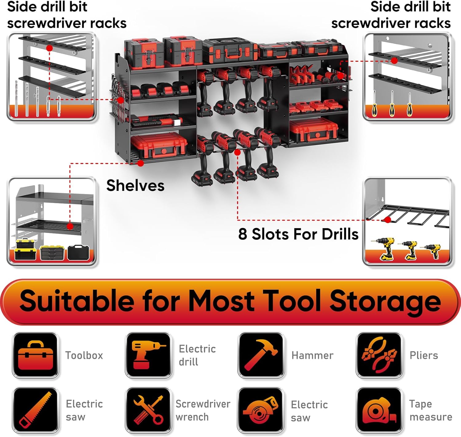 Upgrade Large Power Tool Organizer Wall Mount, Cordless Tool Storage Rack with 8 Drill Holder, 4 Layer Heavy Duty Metal Loads 400lbs Battery Utility Shelve for Garage and Workbench