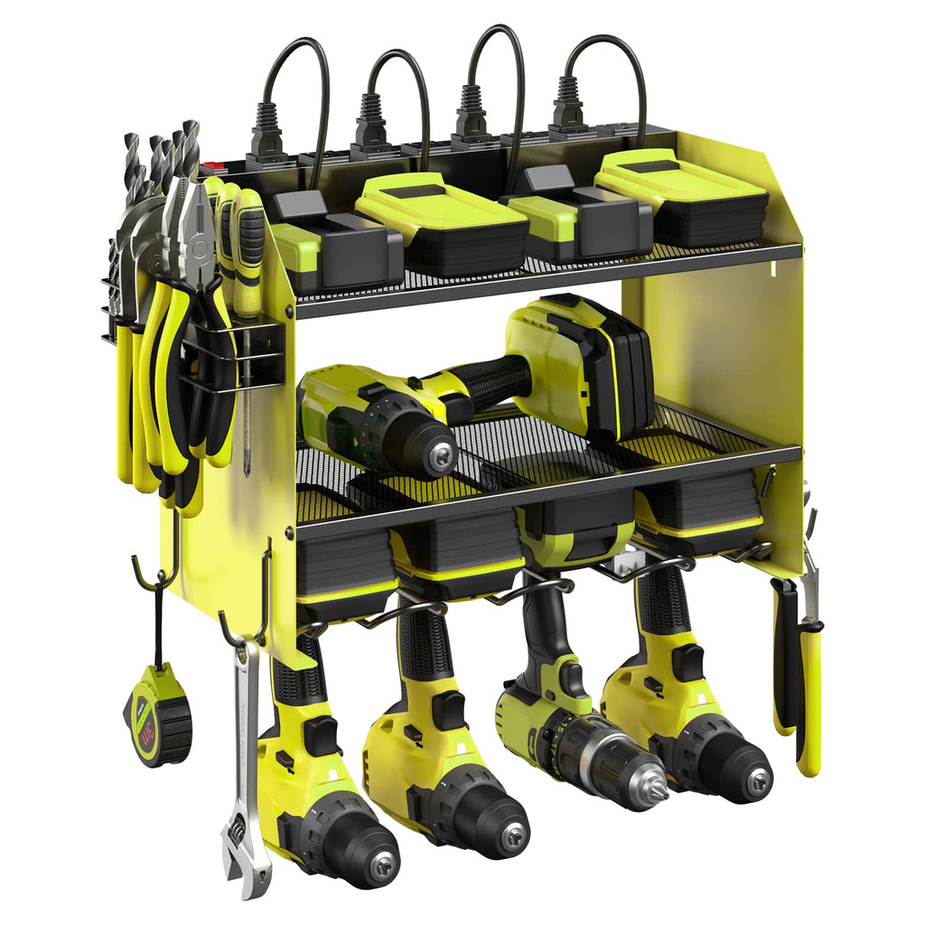 CCCEI Modular Power Tool Organizer Wall Mount with Charging Station. Garage 4 Drill Storage Shelf with Hooks, Screwdriver, Drill Bit Heavy Duty Rack, Tool Battery Holder Built in 8 Outlet Power Strip.