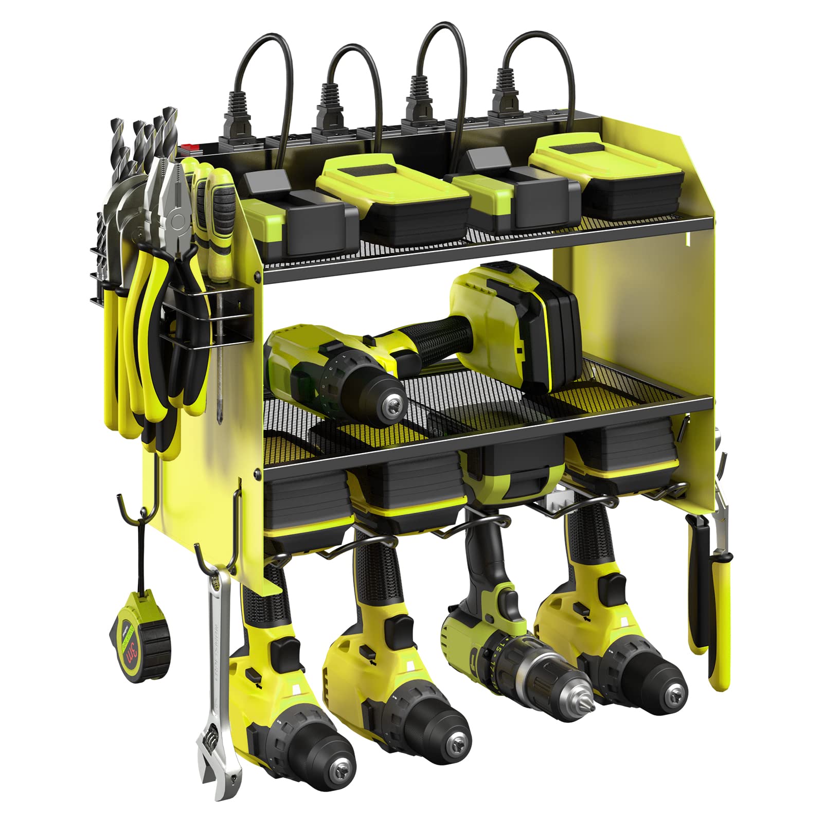 CCCEI Modular Power Tool Organizer Wall Mount with Charging Station. Garage 4 Drill Storage Shelf with Hooks, Screwdriver, Drill Bit Heavy Duty Rack, Tool Battery Holder Built in 8 Outlet Power Strip.