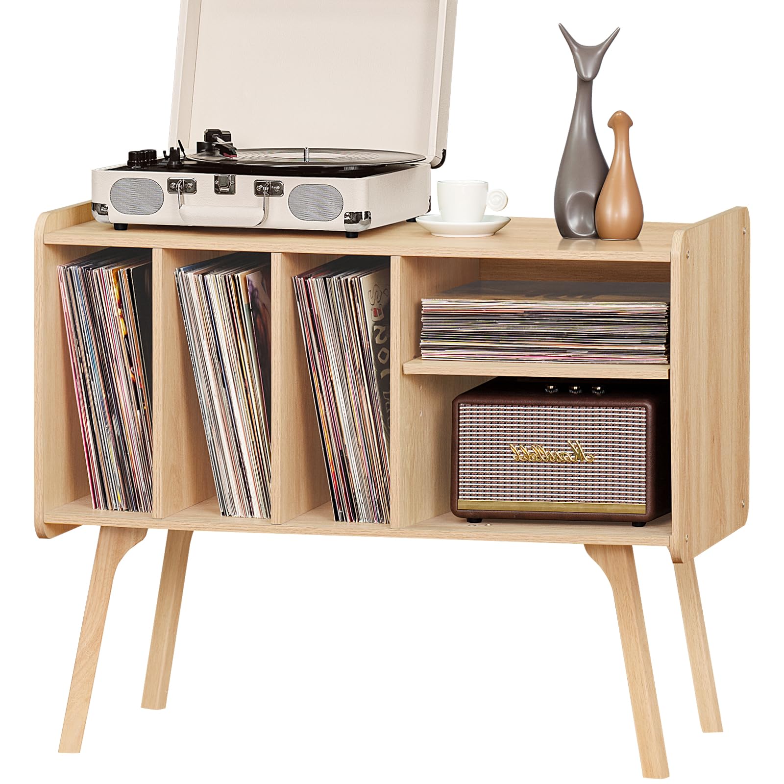 Lerliuo Record Player Stand with 4 Cabinet Holds Up to 220 Albums, Large Turntable Stand with Beech Wood Legs, Mid-Century Record Player Table,Brown Vinyl Holder Storage Shelf for Bedroom Living Room