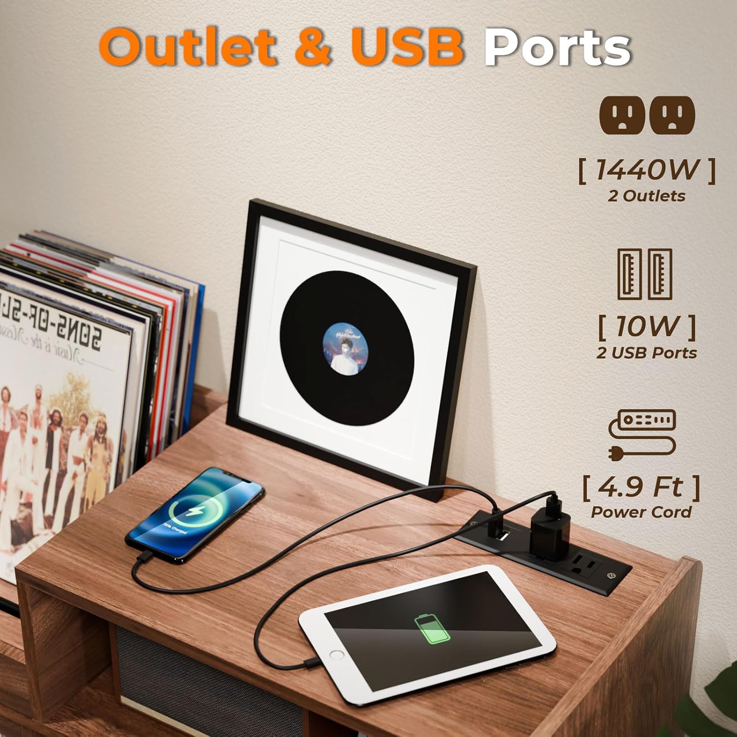 Large Record Player Stand,Turntable Stand Shelf with with Power Outlet and LED Light,Vinyl Record Storage Cabinet Up to 350 Albums, Wood Record Player Holder Table for Living Room