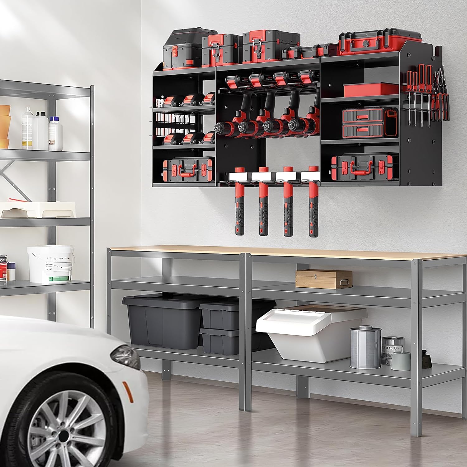Upgrade Large Power Tool Organizer Wall Mount, Cordless Tool Storage Rack with 8 Drill Holder, 4 Layer Heavy Duty Metal Loads 400lbs Battery Utility Shelve for Garage and Workbench