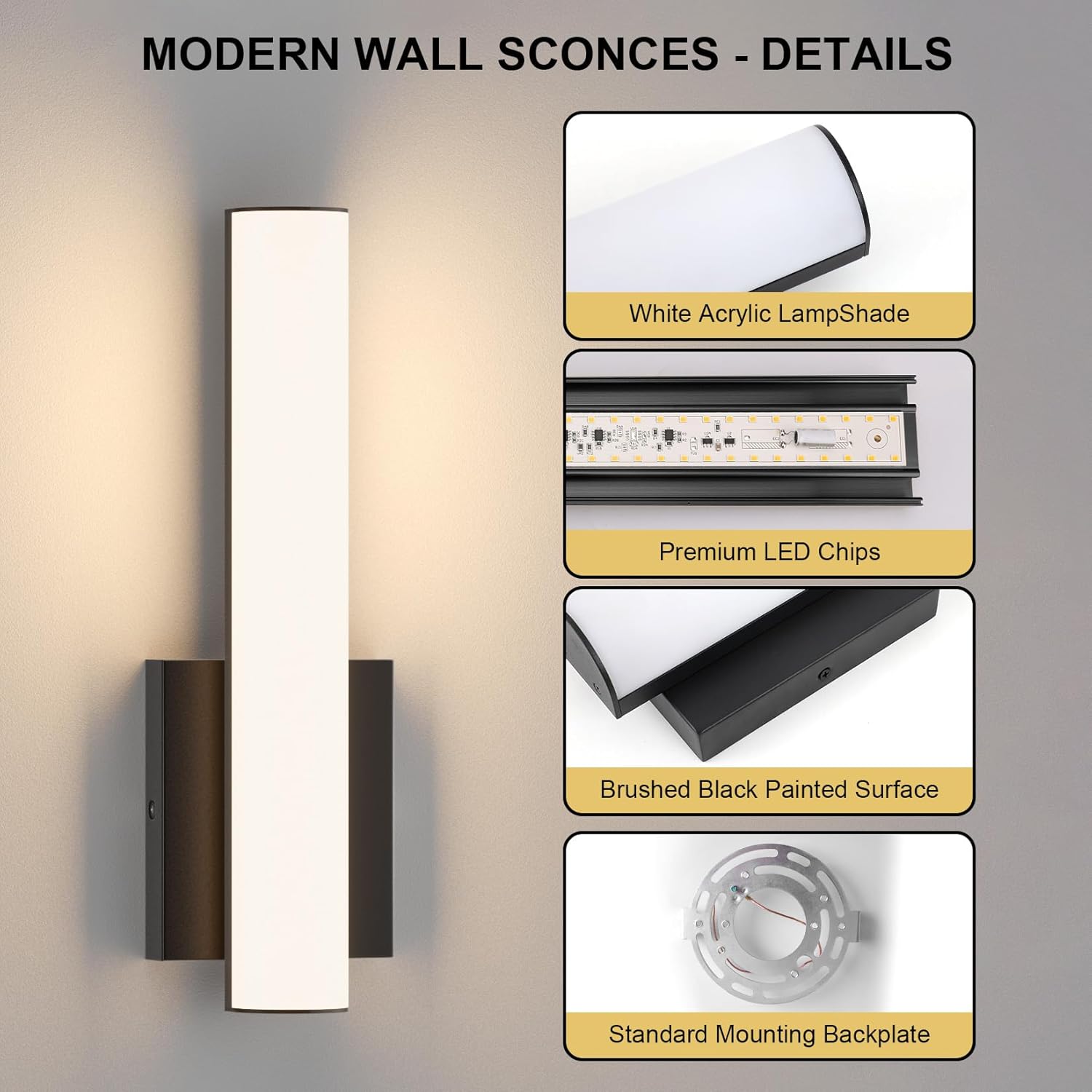 2-Pack Led Wall Sconces,18W 3000K Indoor Hardwired Dimmable Wall Light with Acrylic Lampshade,Led Sconces Wall Lighting,Modern Vanity Wall Light Fixture for Bathroom Bedroom Living Room(Black)