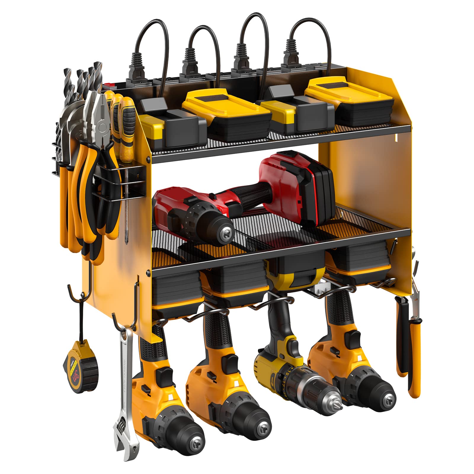 CCCEI Modular Power Tool Organizer Wall Mount with Charging Station. Garage 4 Drill Storage Shelf with Hooks, Screwdriver, Drill Bit Heavy Duty Rack, Tool Battery Holder Built in 8 Outlet Power Strip.