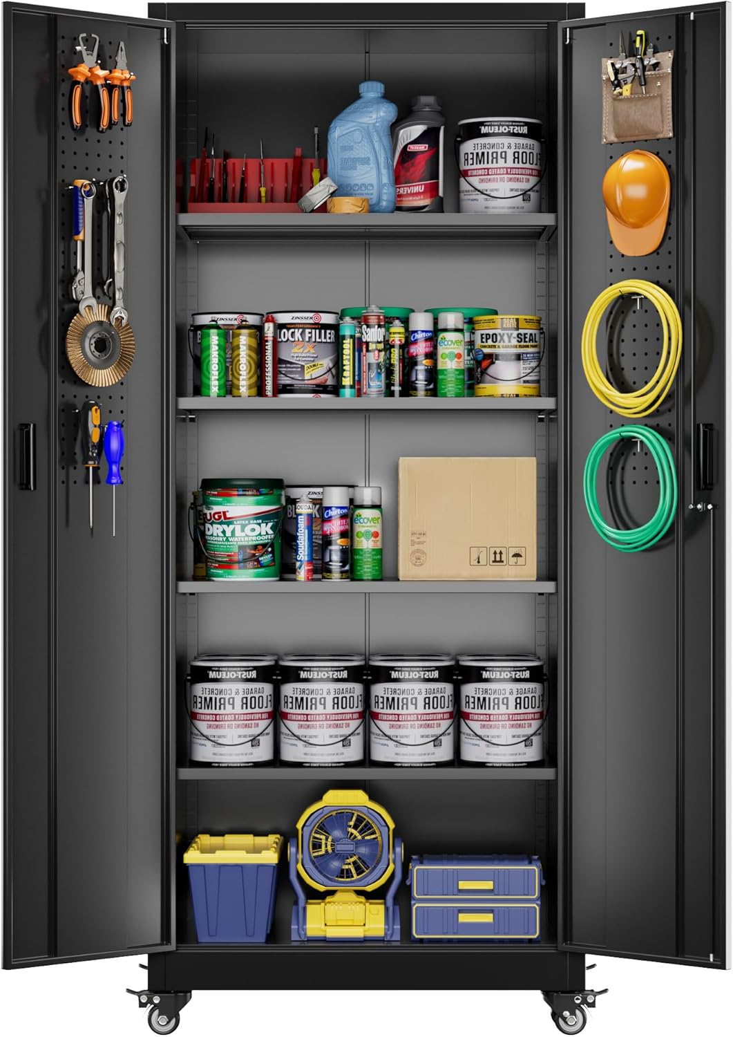 Aobabo 73''H Metal Garage Storage Cabinet with Wheels,Steel Cabinets with 2 Doors and 4 Adjustable Shelves for Home Office,Required Assembly,Black