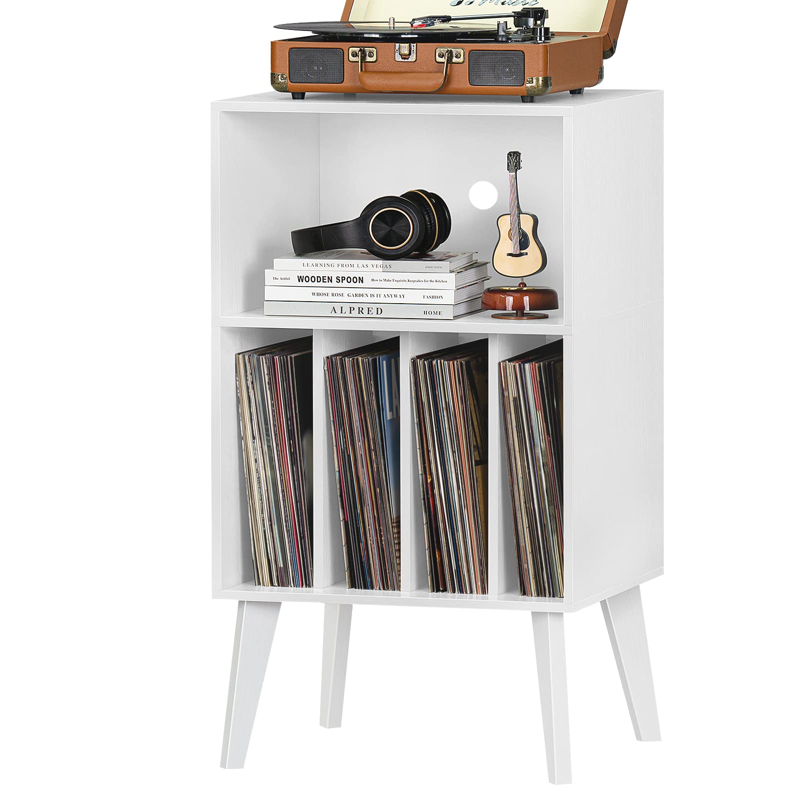 Lerliuo Record Player Stand, Walnut Turntable Stand Holds up to 160 Albums, Mid-Century Vinyl Storage Cabinet Table with Solid Wood Legs, Record Player Holder Dispaly Shelf for Bedroom Living Room