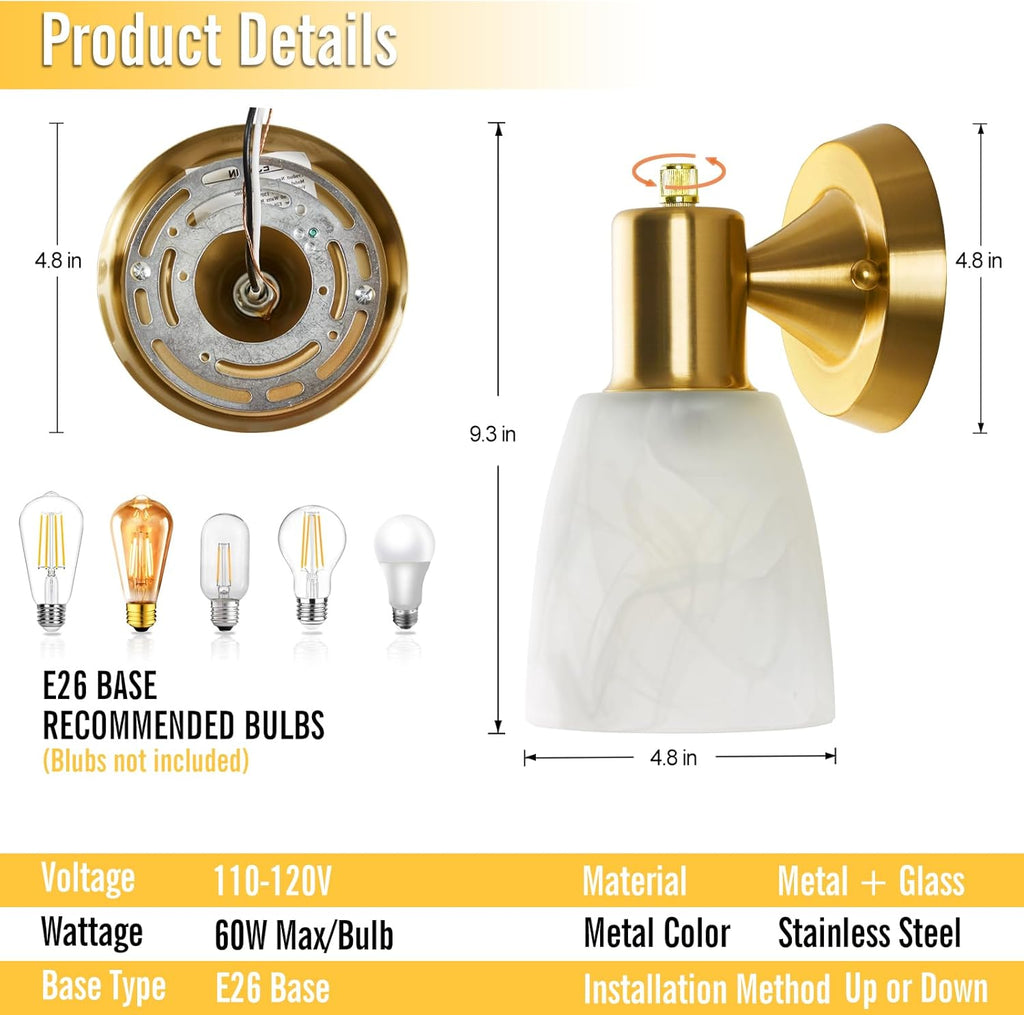 Wall Sconces Set of 2, Gold Vanity Lights for Bathroom, Modern Wall Light Fixtures with Rotary Switch, Wall Mount Light with Frosted Glass, Farmhouse Wall Lamp for Bedroom Living Room