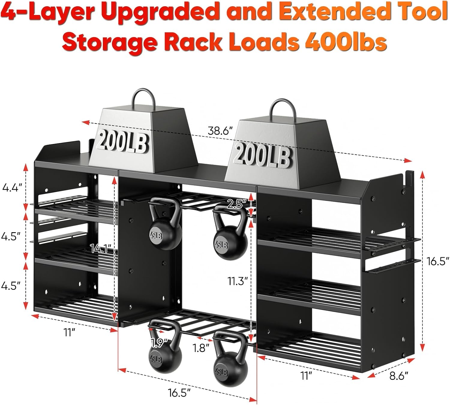 Upgrade Large Power Tool Organizer Wall Mount, Cordless Tool Storage Rack with 8 Drill Holder, 4 Layer Heavy Duty Metal Loads 400lbs Battery Utility Shelve for Garage and Workbench