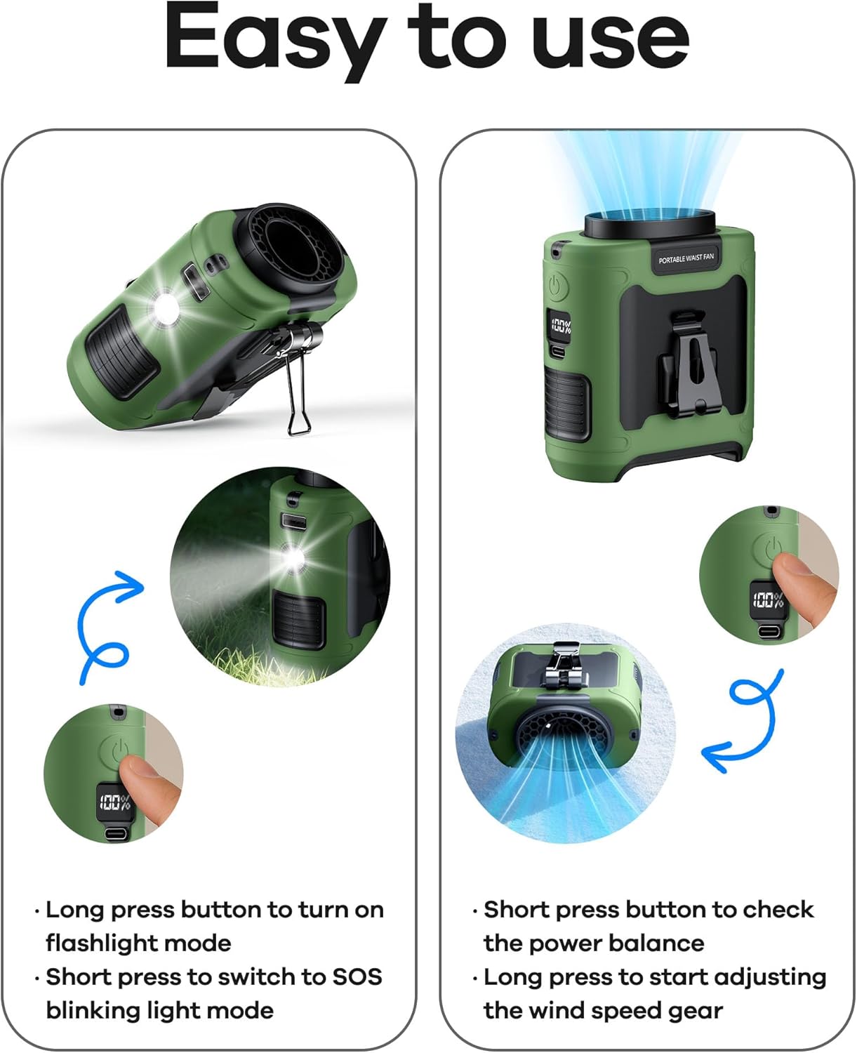 10000mAh Portable Waist Clip on Fan Wearable Belt Personal Cooling Shirt Fan Rechargeable with 5 Speeds Flashlight Neck Fan Hand-Free Last for 40H for Outdoor Camping Office Travel (Green)