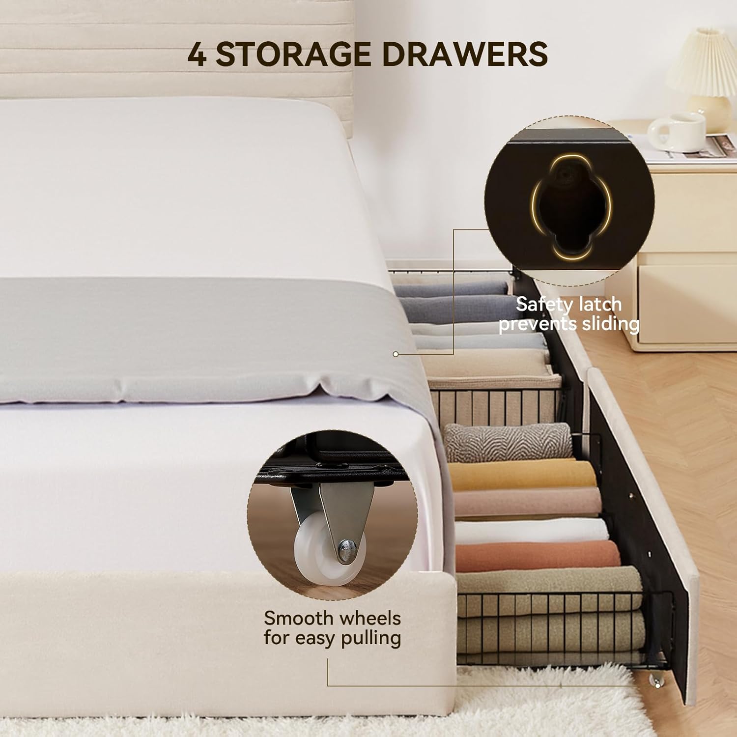 Chenille Upholstered Full Size Bed Frame with 4 Storage Drawers, Platform Bed Frame with Headboard, Charging Station and LED Lights, Easy Assembly，No Box Spring Needed, Beige