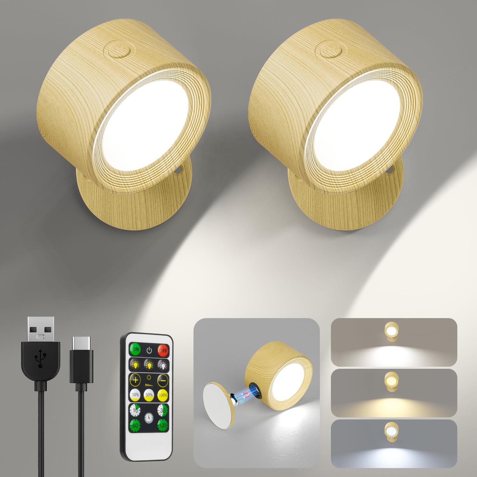 LED Wall Mounted Lights 3 Pcs with Remote, Wall Sconces Lamp 3000mAh Rechargeable Battery Operated, 3 Color Temperatures & Dimmable Magnetic 360° Rotation Cordless Light for Bedroom Bedside