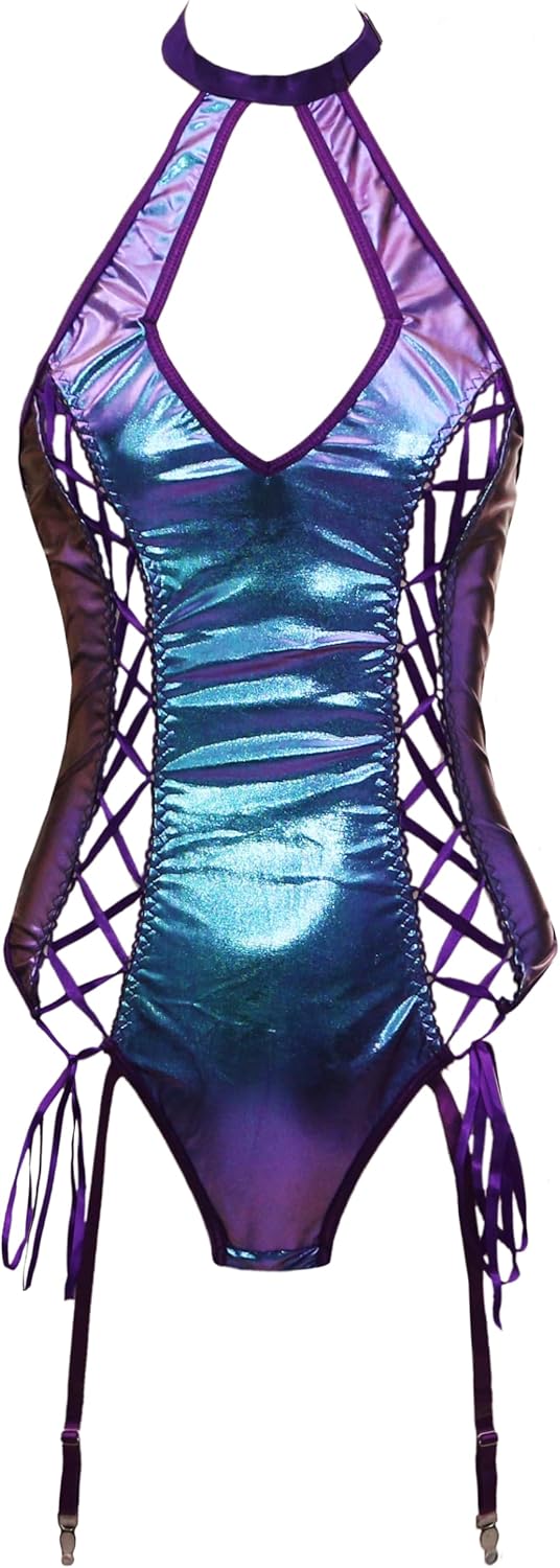 bslingerie Latex PVC Fishnet Sheer Plunge Deep V Corset Rave Clubwear Bodysuit