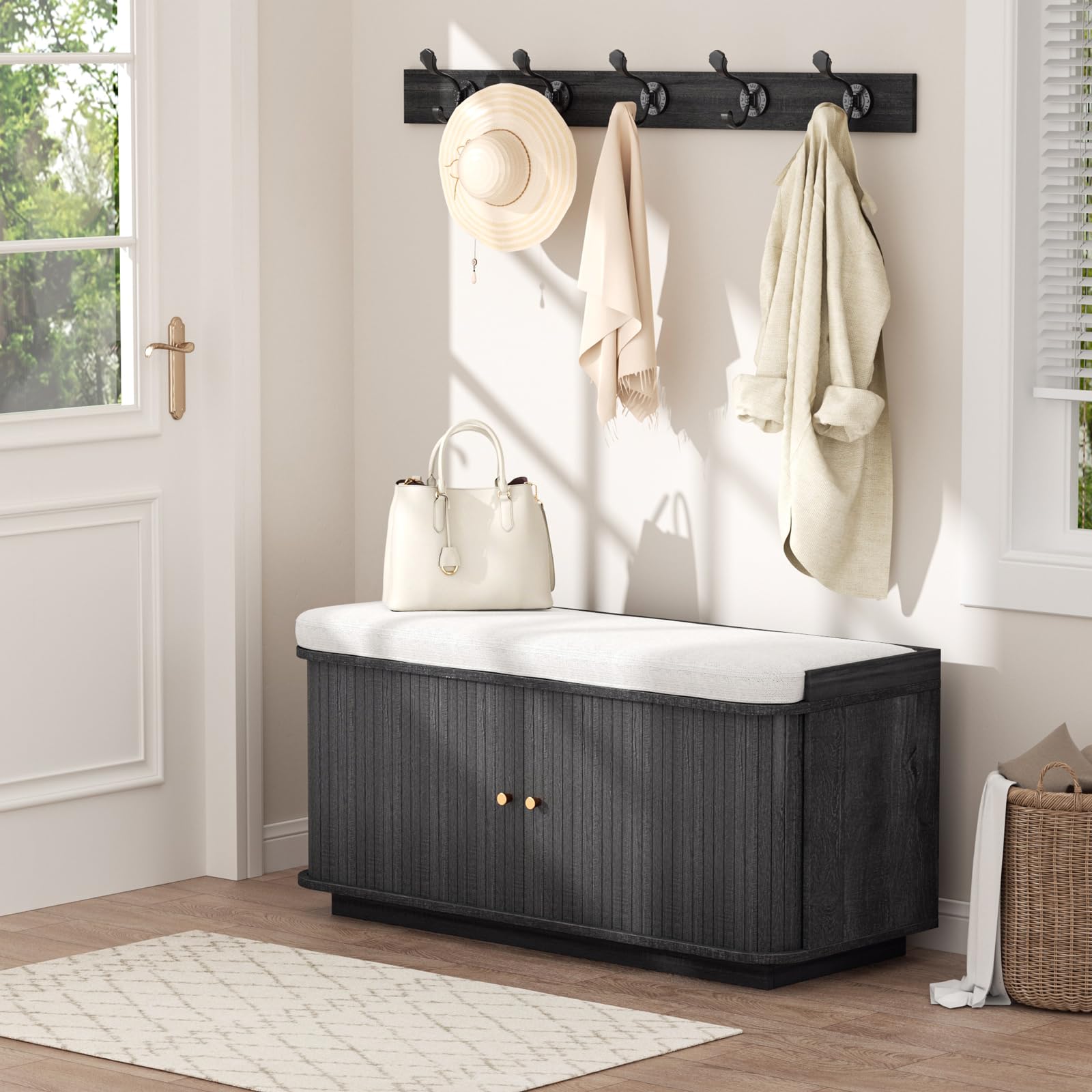 Cream White 39.4" W 2-Tier Shoe Bench with Storage | Entryway Bench with Padded Cushion, Sliding Doors & 5 Hooks