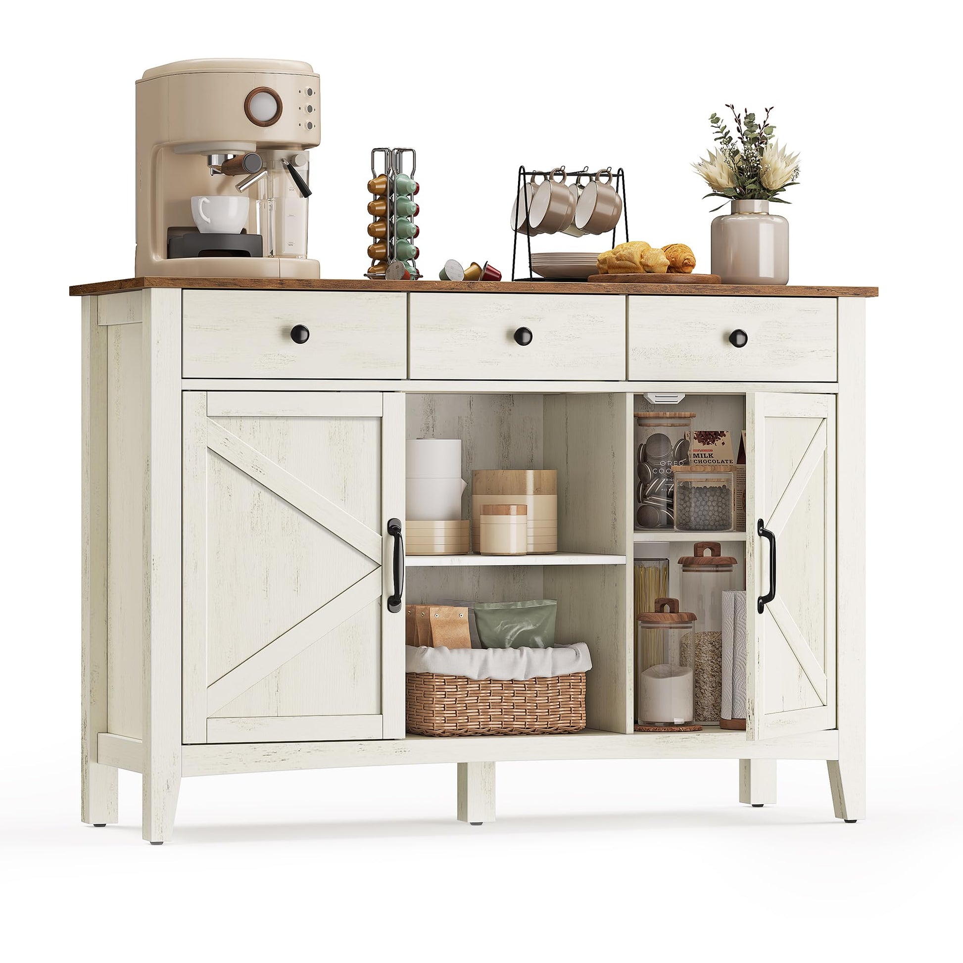 VASAGLE LIRY Collection - Buffet Cabinet, Coffee Bar Cabinet with 2 Drawers, Adjustable Shelves, Sideboard Storage with Cable Holes, Drawer Dividers, Rustic White and Honey Brown UBBK381W01