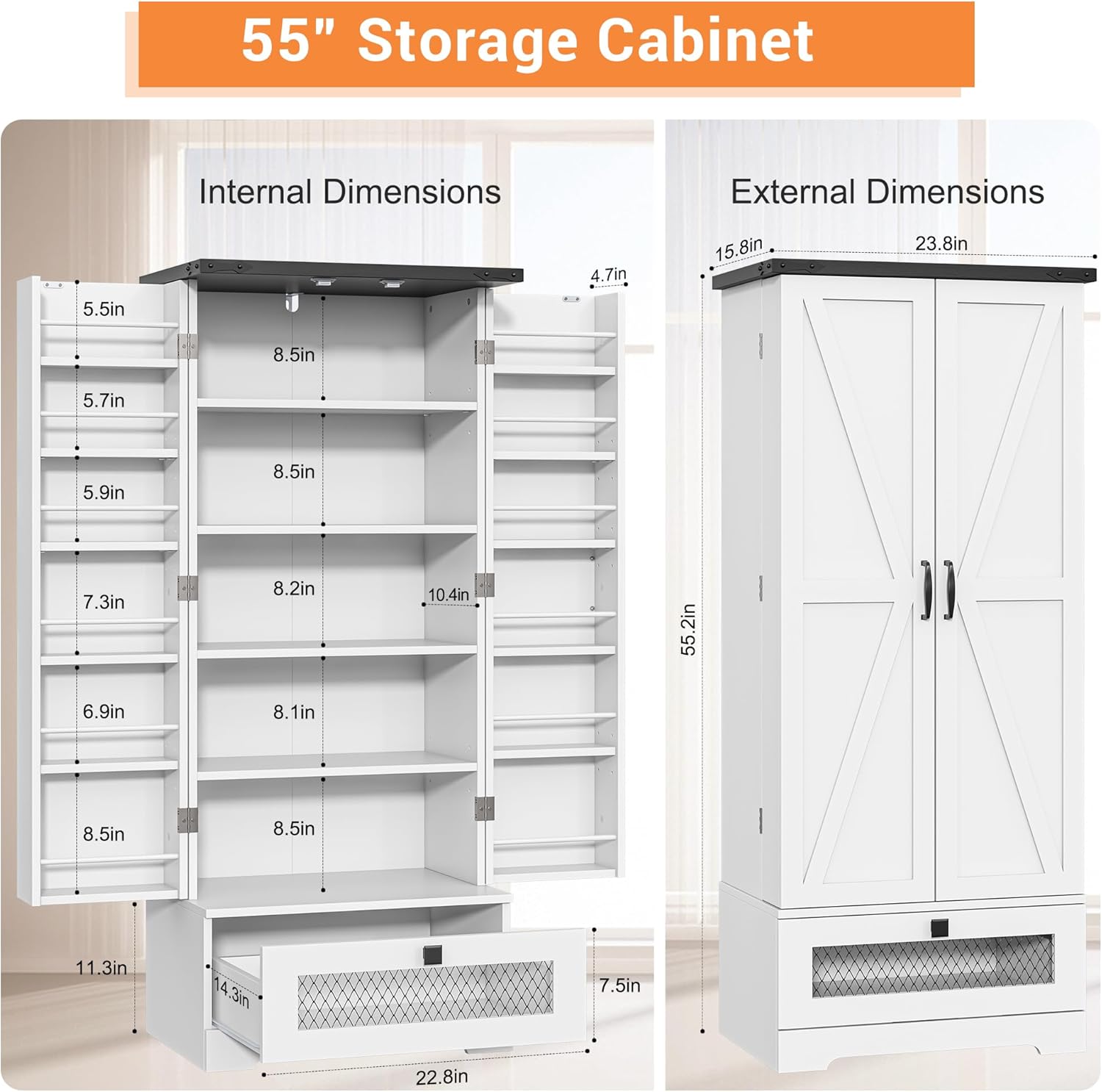 55'' Pantry Storage Cabinet with Adjustable Shelves and Drawer, Buffet Cupboard for Kitchen, Living Room, Bathroom, Dining Room
