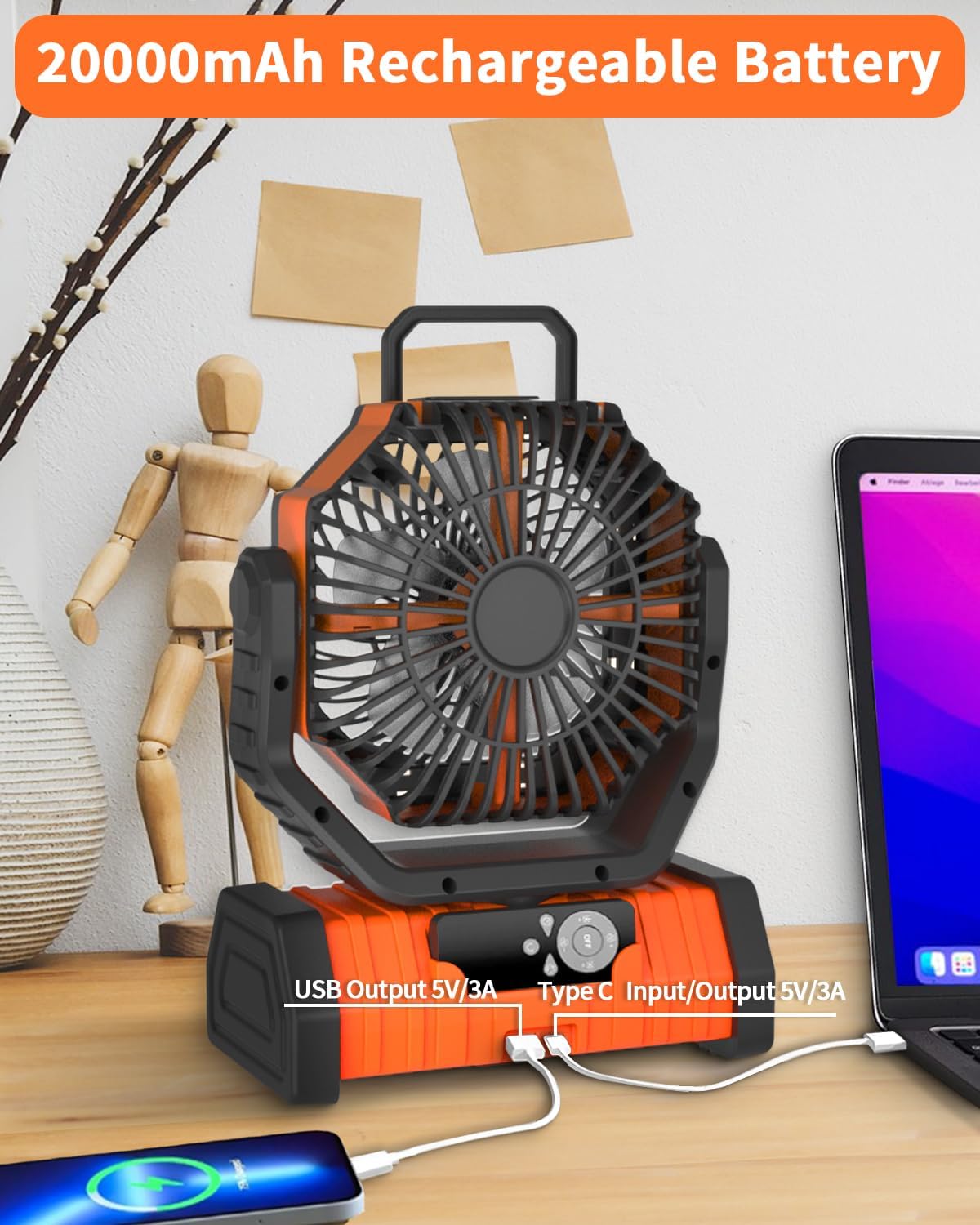 ADUST Portable Battery Powered Operated Fan with LED Lantern Light Cordless 20000mAh Rechargeable Camping Fan for Tents, 4 Speeds, Auto Oscillating, 270° Rotation 360° Hanging Hook, Desk Fan(Orange)