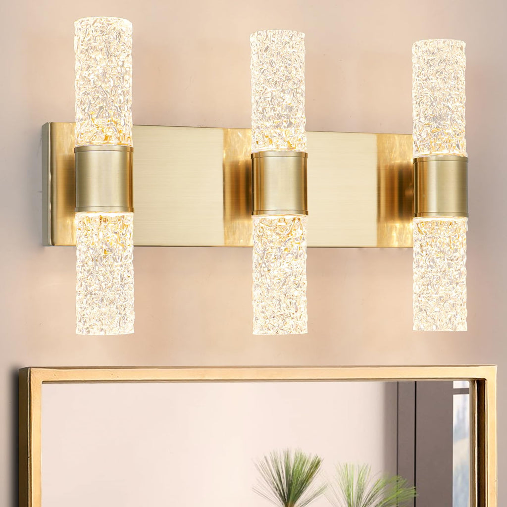 Crystal LED Wall Sconces Set of 2, Brushed Gold Bathroom Light Fixtures, Modern Bathroom Sconce Lights with Wired LED for Bedroom,Living Room,Hallway | Gold Vanity Wall Lighting & Crystal Wall Decor