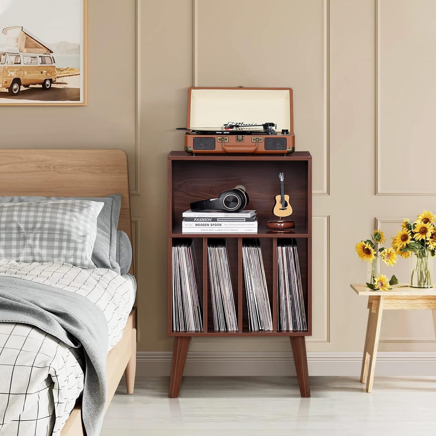Lerliuo Record Player Stand, Walnut Turntable Stand Holds up to 160 Albums, Mid-Century Vinyl Storage Cabinet Table with Solid Wood Legs, Record Player Holder Dispaly Shelf for Bedroom Living Room
