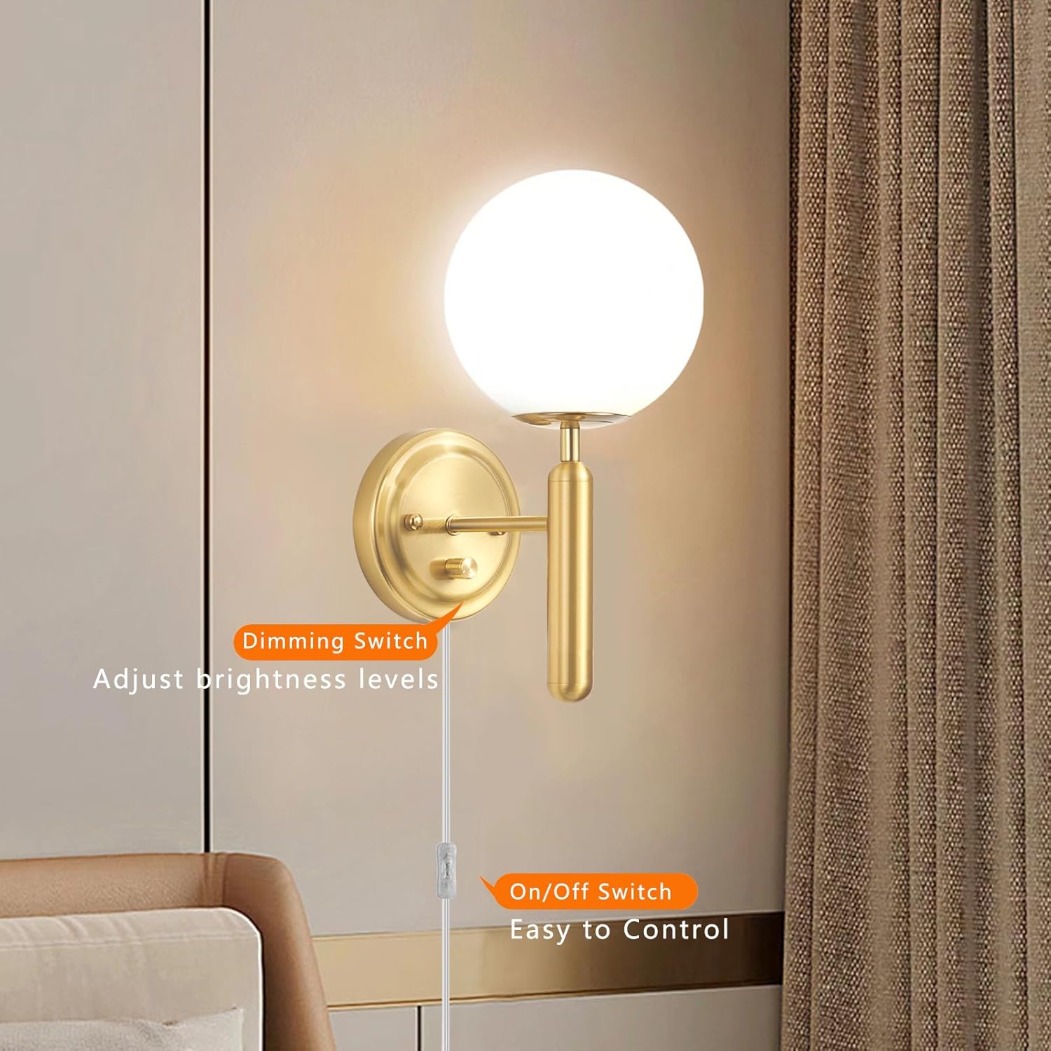 Dimmable Plug in Wall Sconces Set of 2 with Milky Glass Globe Shade, Gold Wall Light with Plug in Electric Cord Dimmer Knob Switch Mid Century Modern Vintage Wall Lamp for Bedroom Bedside Living Room