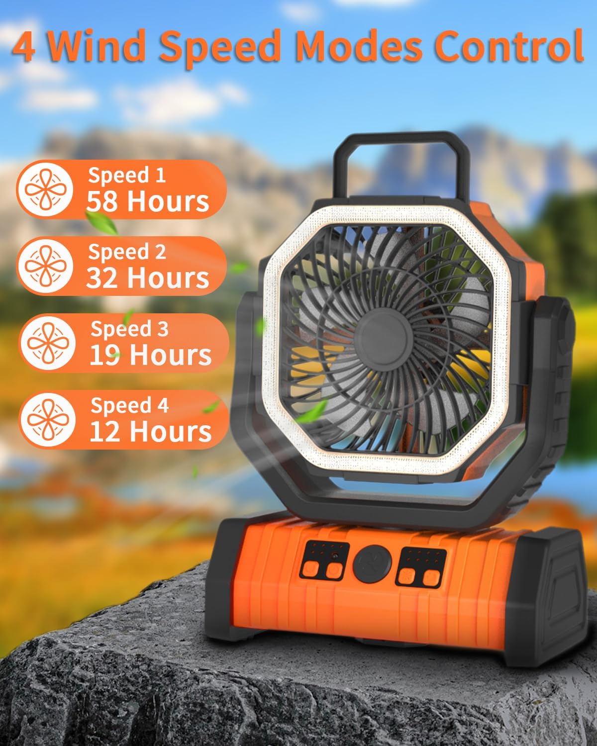 ADUST Portable Battery Powered Operated Fan with LED Lantern Light Cordless 20000mAh Rechargeable Camping Fan for Tents, 4 Speeds, Auto Oscillating, 270° Rotation 360° Hanging Hook, Desk Fan(Orange)