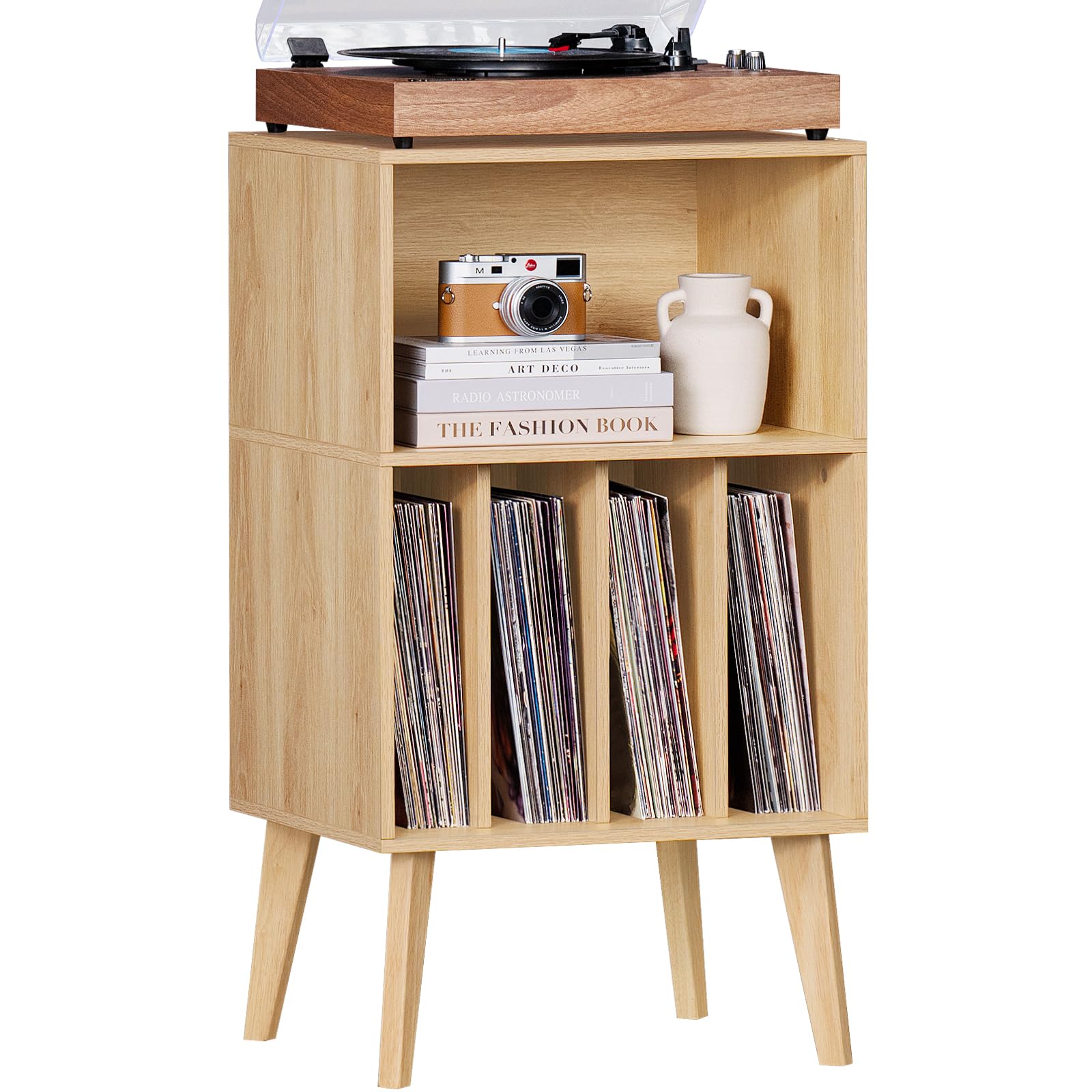 Lerliuo Record Player Stand, Walnut Turntable Stand Holds up to 160 Albums, Mid-Century Vinyl Storage Cabinet Table with Solid Wood Legs, Record Player Holder Dispaly Shelf for Bedroom Living Room