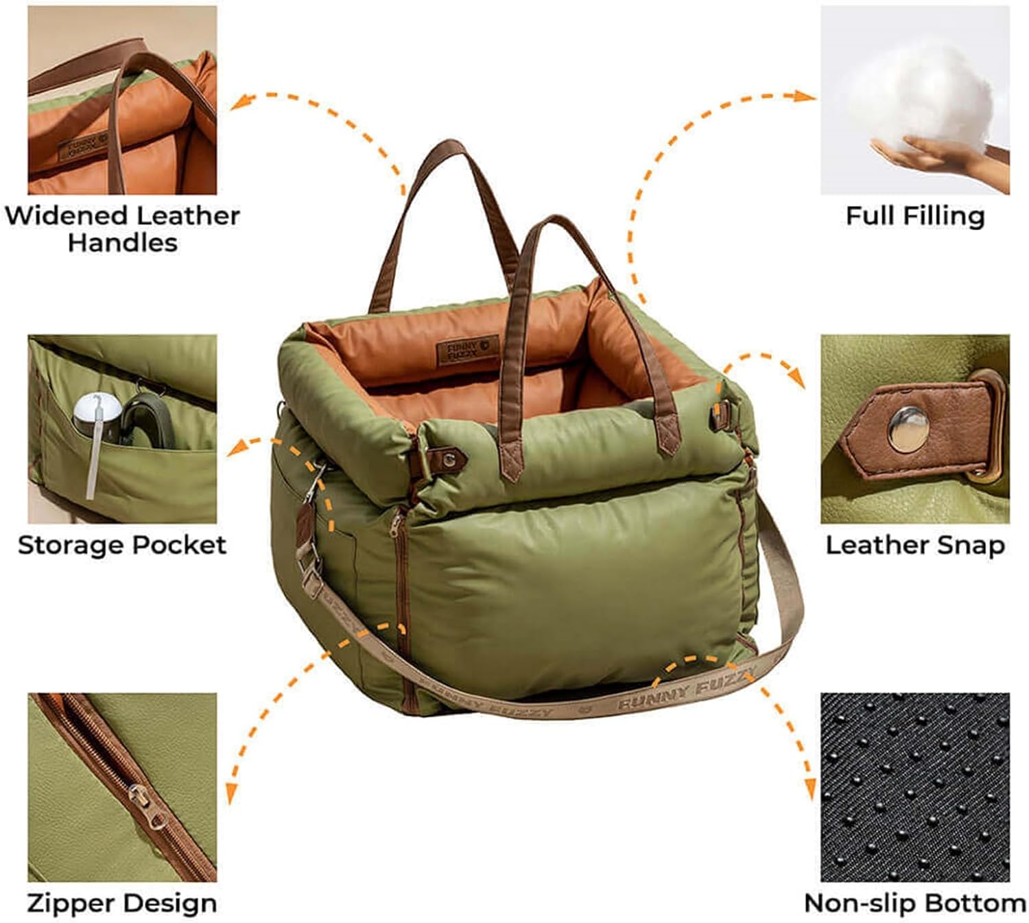 FUNNYFUZZY Leather Dog Car Seat for Small ＆ Medium Sized Dogs Up to 35lbs, Waterproof and Washable Dog Booster Seat Car Bed for Travel and Home,Portable and Safety(Green)