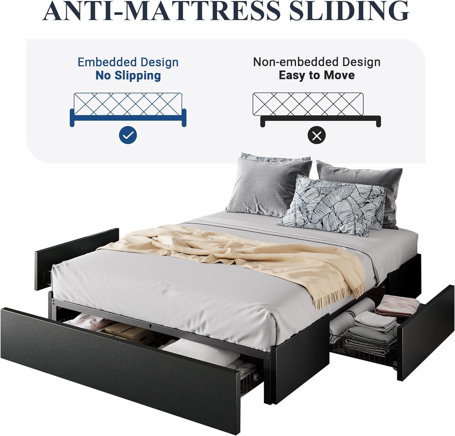Allewie Queen Size Platform Bed Frame with 3 Storage Drawers, Faux Leather Upholstered, Wooden Slats Support, No Box Spring Needed, Easy Assembly, Black