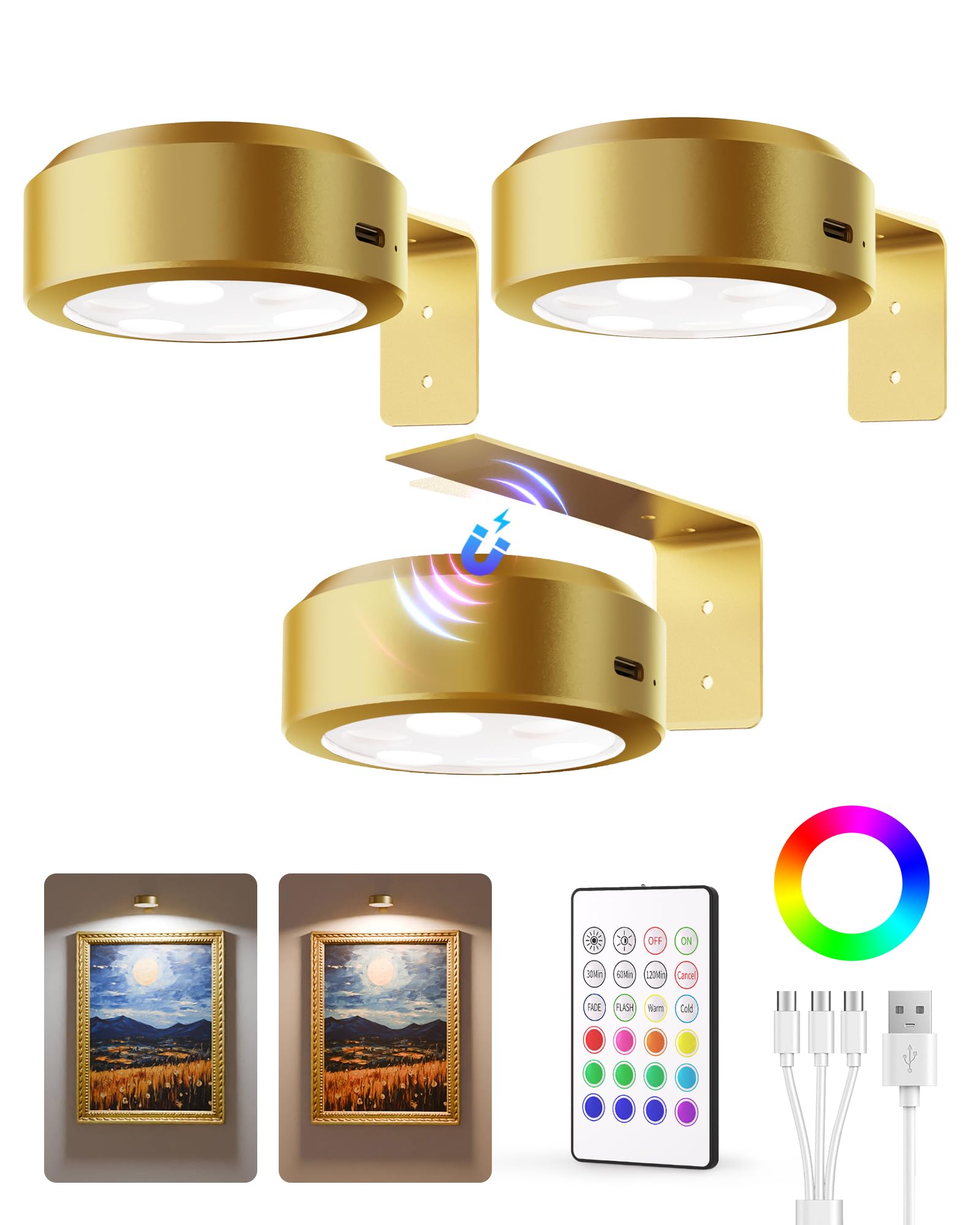 EZVALO Picture Lights for Wall, 2000mAh Rechargeable Battery Magnetic Poster Lights with 3 Color Temps & 12 RGB, Remote Dimmable Timer Painting Light, Wall Decor Light for Art Display, Frame (3 Pack)