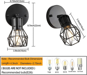 Industrial Wall Sconces Set of Two, Small Farmhouse Wire Cage Wall Lighting Sconce, Wall Lights for Living Room Bedroom Bathroom Hallway