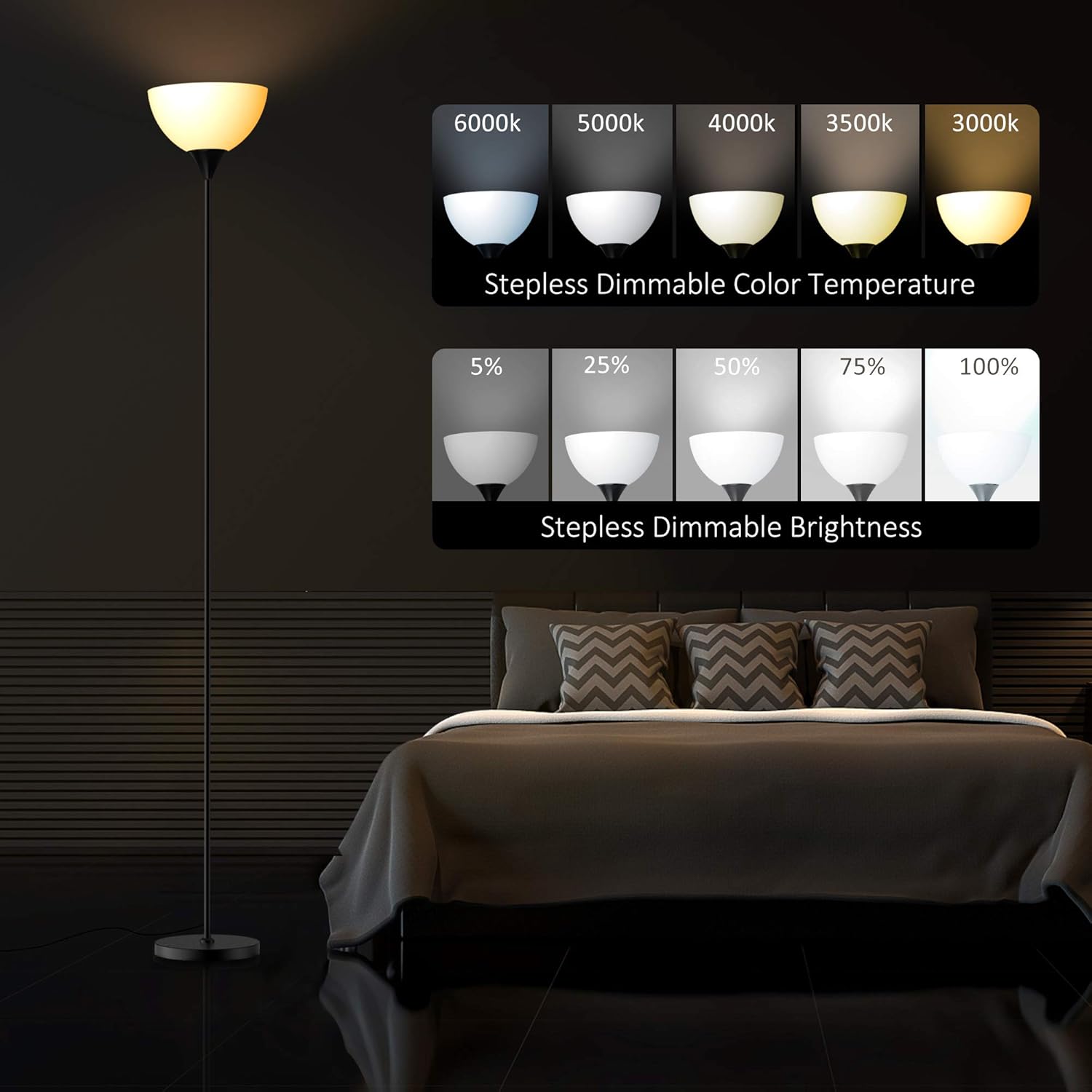 PESRAE Floor Lamp, Remote Control with Stpeless Color Temperatures and Brightness, Torchiere lamp for Bedroom, Living Room, Bulb Included (Matte Black)