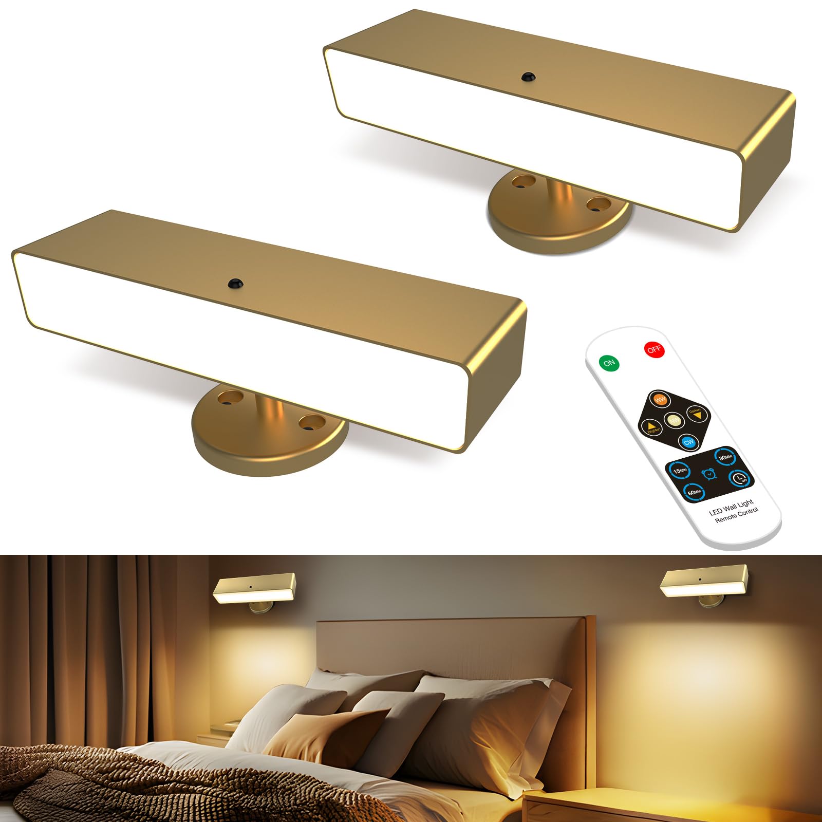Battery Operated Wall Sconces Set of 2: Wireless Rechargeable Wall Light with Remote&Button, 360° Rotate Magnetic Scone Lighting LED Wall Mount Sconce Lamp for Bedroom Bedside Reading, Wood