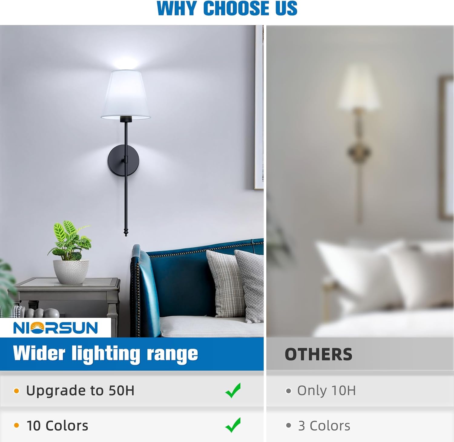 NIORSUN Battery Operated Wall Sconce Set of 2,Black Rechargeable Wall Lights with 5200mAh Dimmable Detachable Bulbs and Remote, 10 Colors Wireless Wall Lamps for Bedroom Living Room Hallway Decor