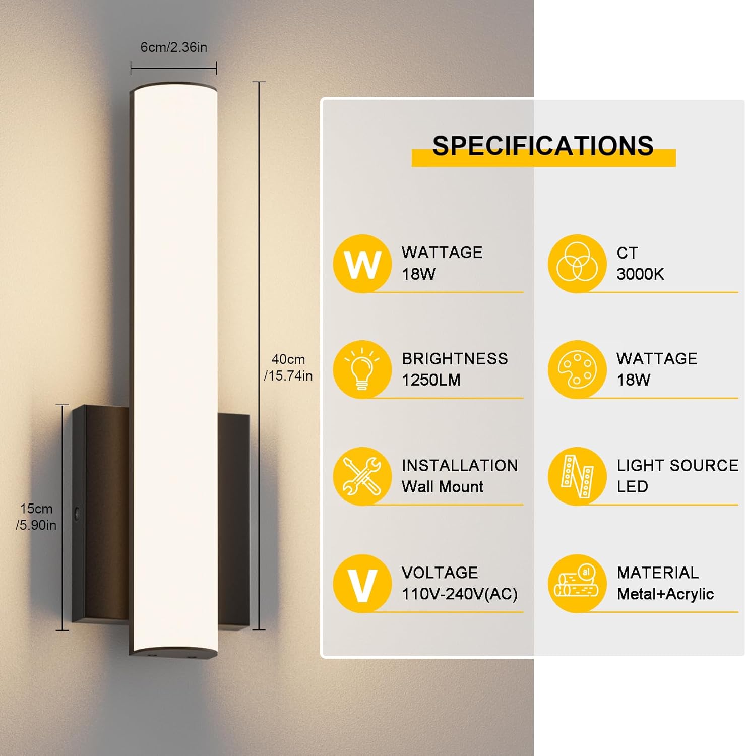 2-Pack Led Wall Sconces,18W 3000K Indoor Hardwired Dimmable Wall Light with Acrylic Lampshade,Led Sconces Wall Lighting,Modern Vanity Wall Light Fixture for Bathroom Bedroom Living Room(Black)