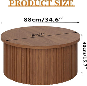 Round Fluted Lift Top Coffee Table with Storage, 34.6'' Farmhouse Round Coffee Tables for Living Room, Circle Wood Accent Center Table for Home, Office (Walnut)