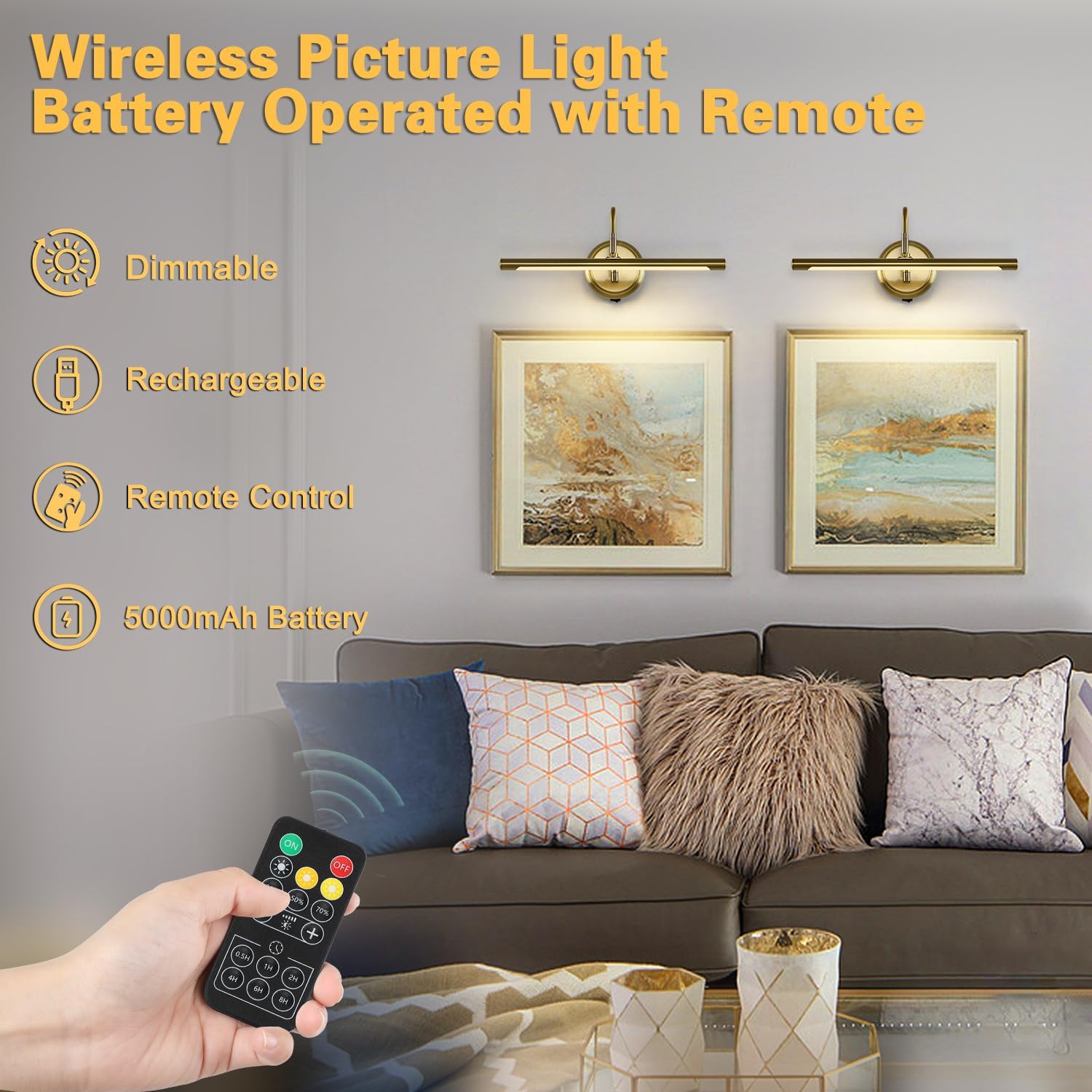 JOOSENLUX Battery Operated Picture Light Gold - Modern Wireless Picture Lights for Wall Dimmable 16.5inch Under Cabinet and Swing Arm for Canvas Sconce 3000K CRI95