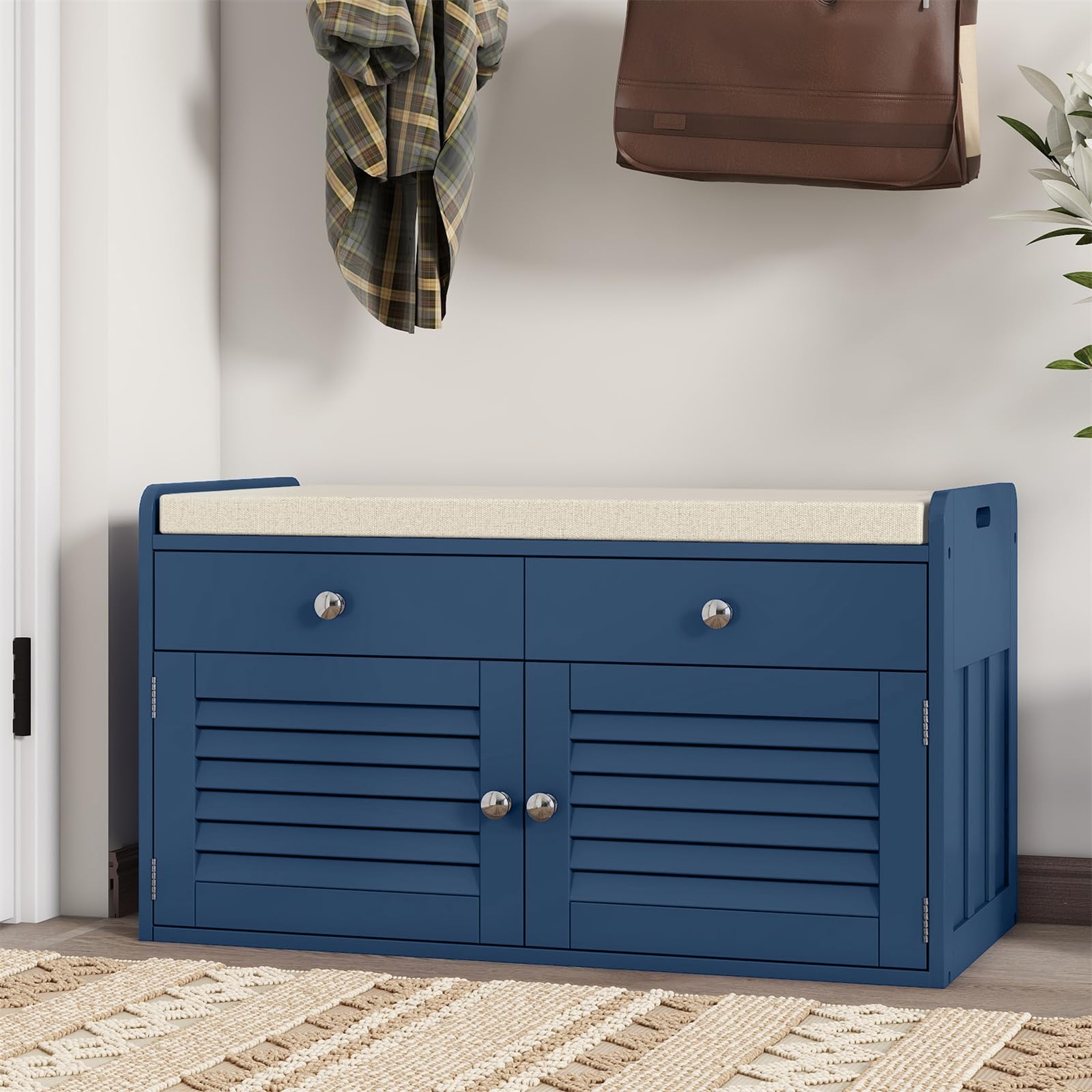 Shoe Storage Bench with 2 Drawers & 2 Doors, Entryway Bench with Cushion, 2 Adjustable Shelves, Shoe Cabinet for Entryway, Living Room, Hallway, Mudroom, Bedroom, Grey