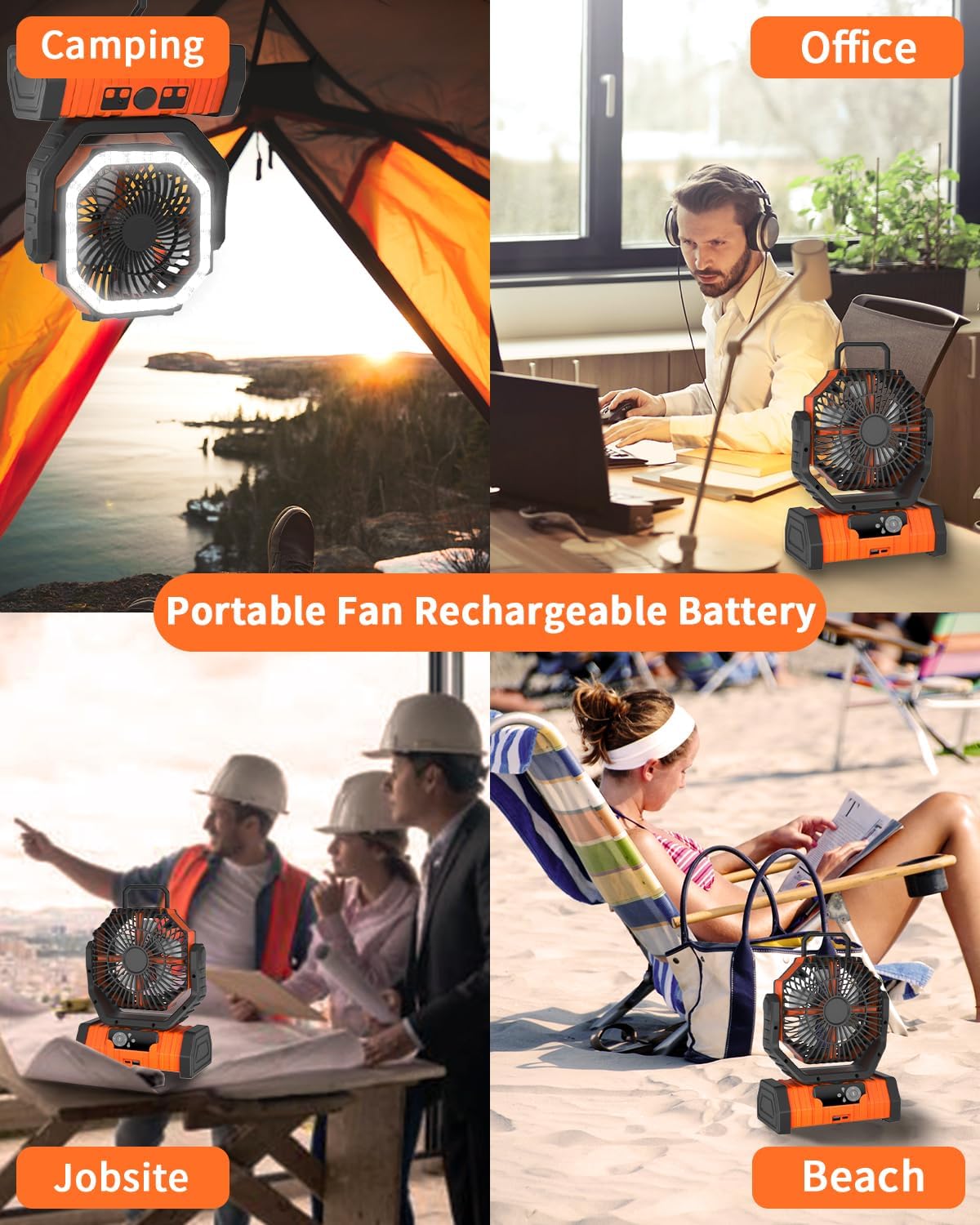 ADUST Portable Battery Powered Operated Fan with LED Lantern Light Cordless 20000mAh Rechargeable Camping Fan for Tents, 4 Speeds, Auto Oscillating, 270° Rotation 360° Hanging Hook, Desk Fan(Orange)