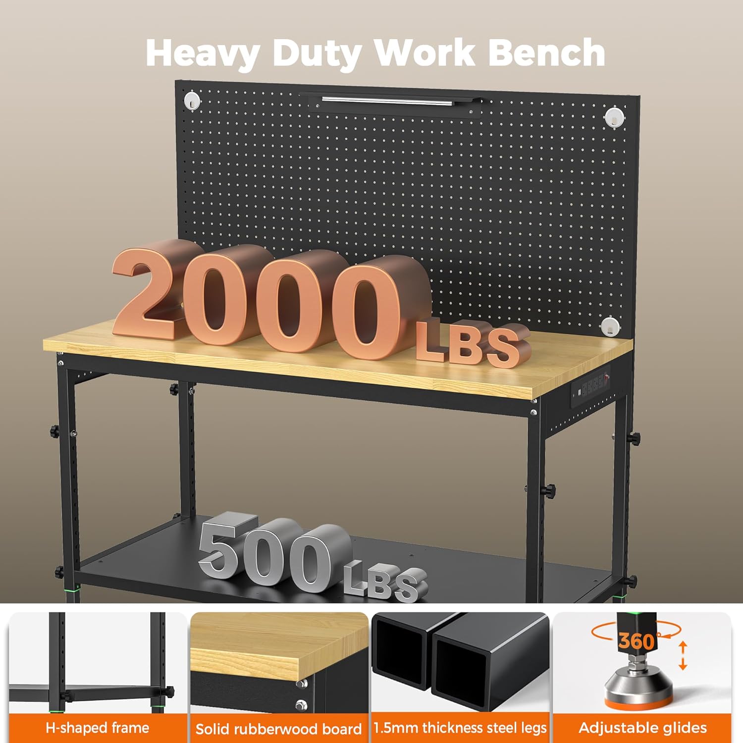 48" Heavy Duty Work Bench Adjustable Height Max Load 2000 LBS with Storage Shelf for Garage Workbench, Rubberwood Tabletop with Pegboard, LED Light, Built-in Power Strip for Woodworking Shop