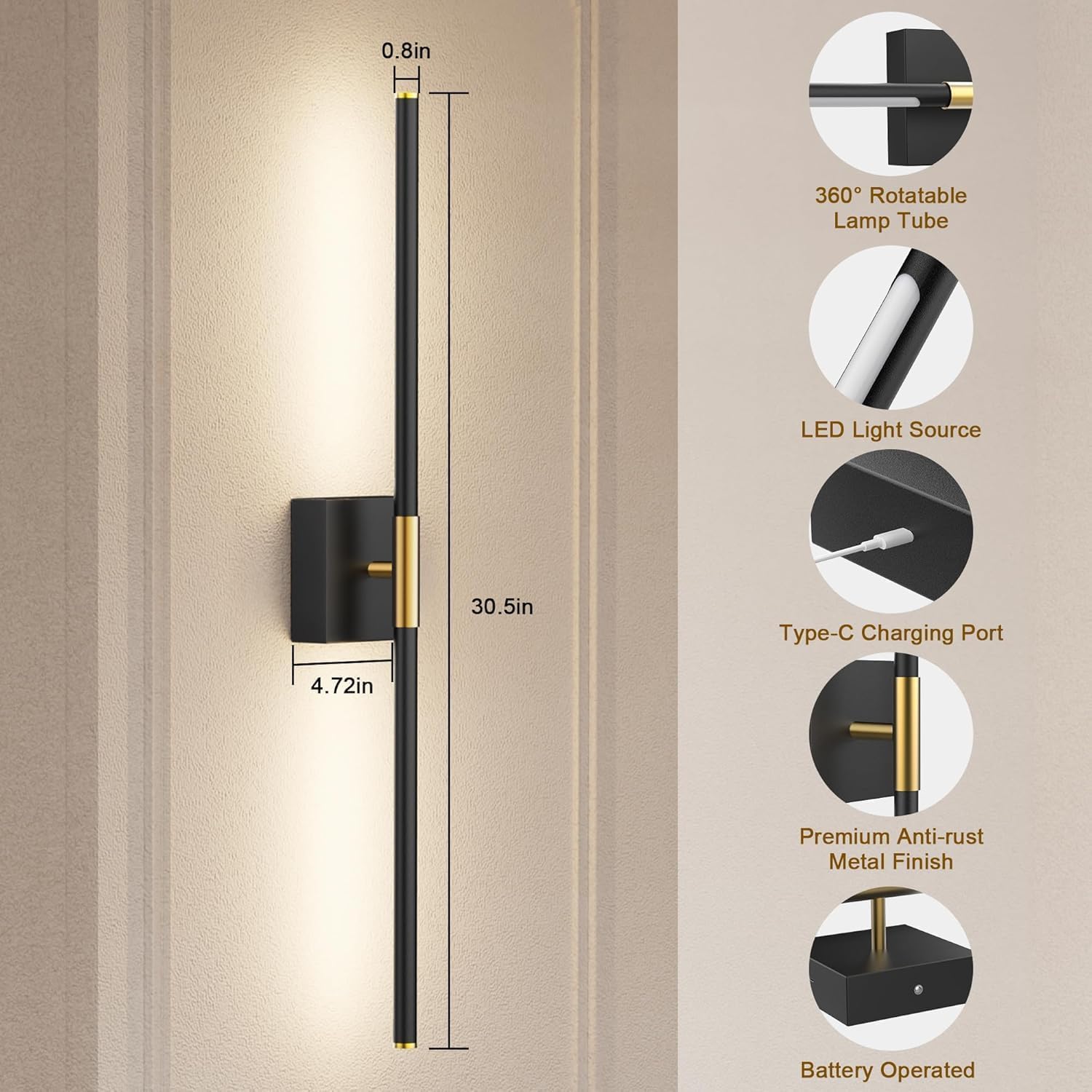 Wall Sconces Set of 2 Battery Operated, Wireless USB Rechargeable Wall Lights with Remote Control, 360° Rotation, 8000mAh LED Dimmable Picture Lamp for Living Room,Bedroom,Hallway (30in Black)