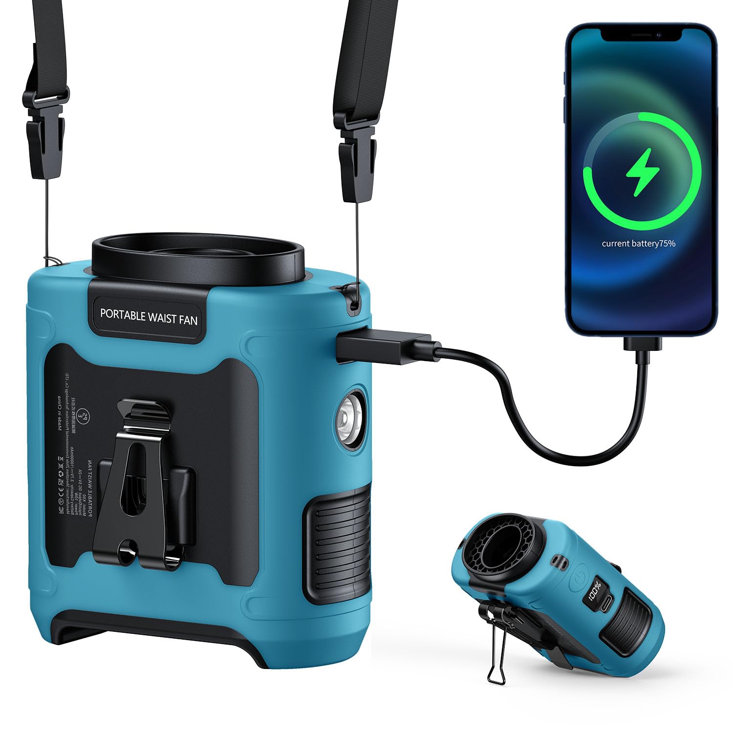 10000mAh Portable Waist Clip on Fan Wearable Belt Personal Cooling Shirt Fan Rechargeable with 5 Speeds Flashlight Neck Fan Hand-Free Last for 40H for Outdoor Camping Office Travel (Green)