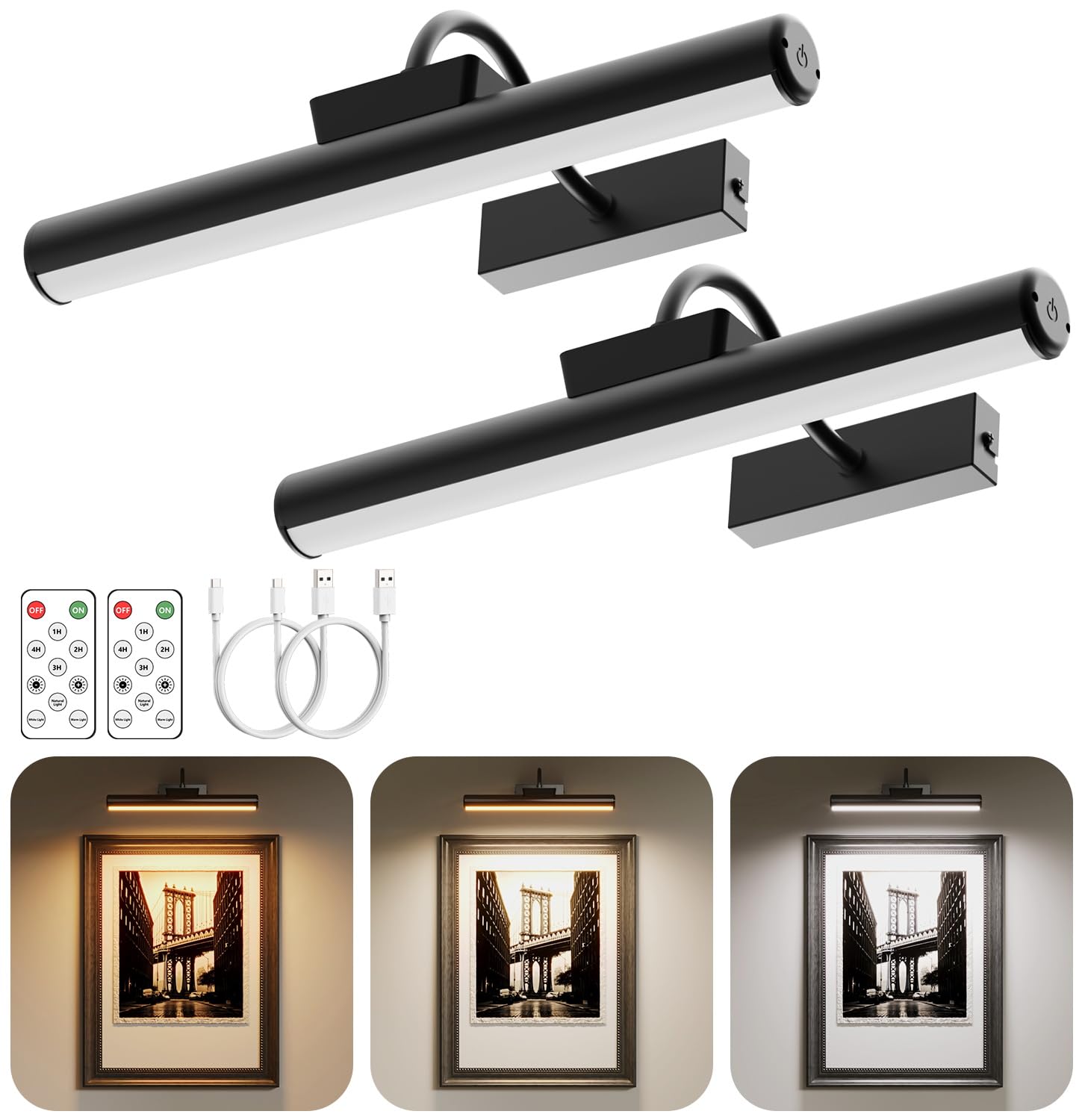 16in Wireless Picture Light with Remote, Battery Operated Picture Lights for Wall 5000mAh, 3 Color Modes and Dimmable LED Art Lighting with Timer for Painting, Frame, Gallery, Bedroom (Black-2Pack)
