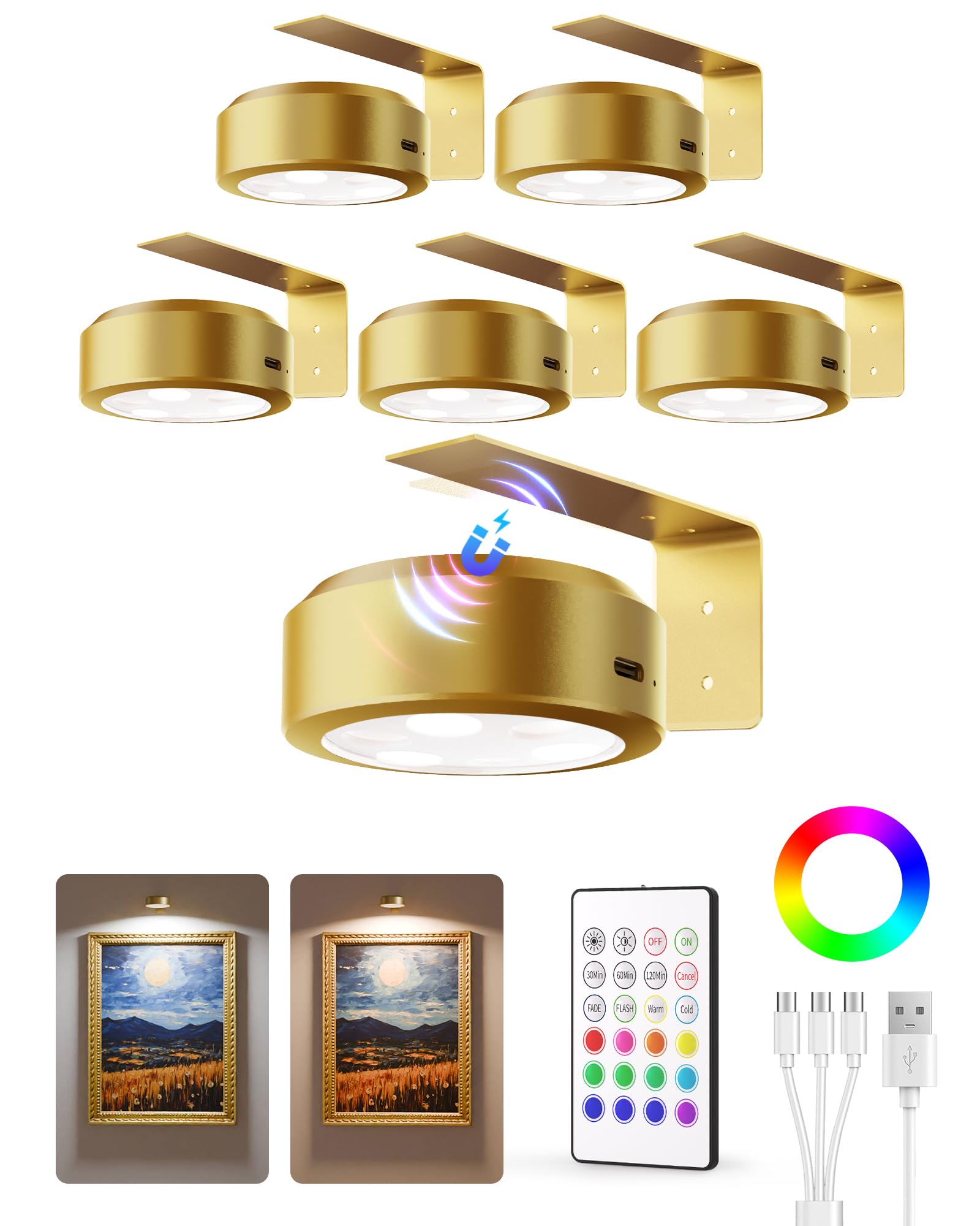 EZVALO Picture Lights for Wall, 2000mAh Rechargeable Battery Magnetic Poster Lights with 3 Color Temps & 12 RGB, Remote Dimmable Timer Painting Light, Wall Decor Light for Art Display, Frame (3 Pack)