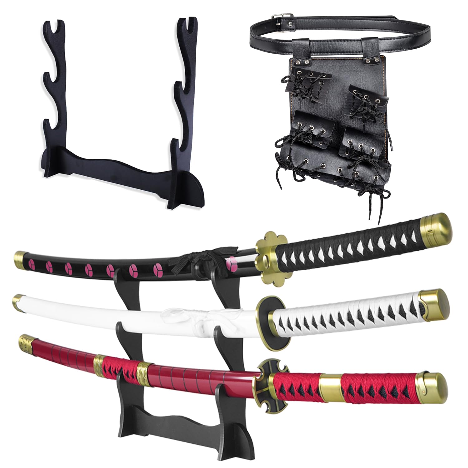 Adust Carbon Steel Roronoa Zoro Swords, Real Metal Anime Sword, Roronoa Zoro Cosplay Costume 41 inch Overall, Japanese Zoro Katana Samurai Sword 3-Piece Set/4-Piece Set