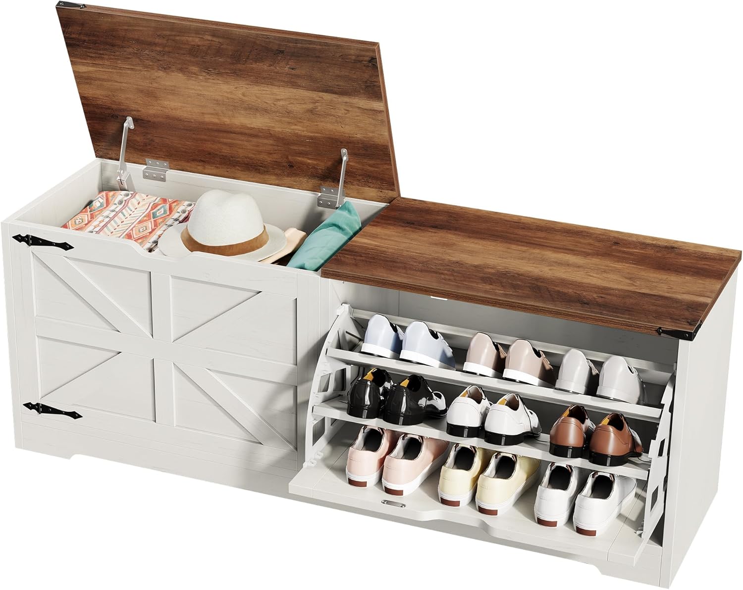 DWVO Shoe Storage Bench, 55" L Shoe Cabinet with 3 Flip Drawer & Flip-Top Storage, Farmhouse Modular Tilt-Out Organizer for Entryway, Mudroom, Bedroom
