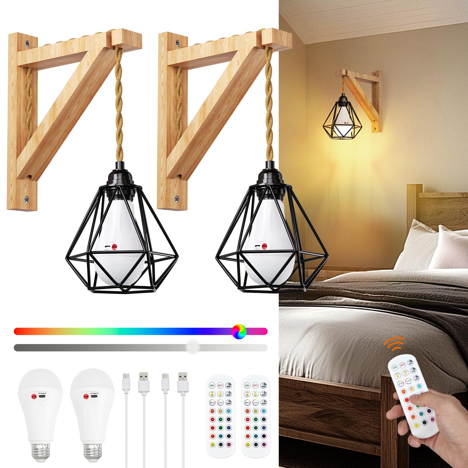 Frideko Wall Lamp with Plug in Cord - Plug in Wall Sconces, Farmhouse Hanging Lamps That Plug into Wall Outlet, Rustic Wall Mount Lamp with Wood Shelf Bracket & Switch Cord for Living Room, Bedroom