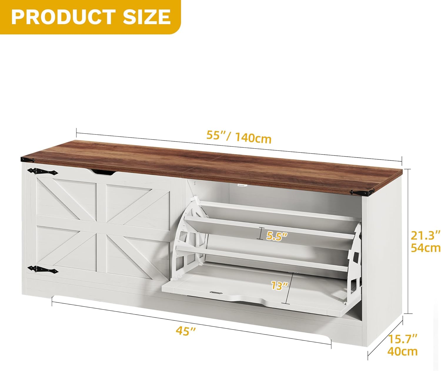 DWVO Shoe Storage Bench, 55" L Shoe Cabinet with 3 Flip Drawer & Flip-Top Storage, Farmhouse Modular Tilt-Out Organizer for Entryway, Mudroom, Bedroom